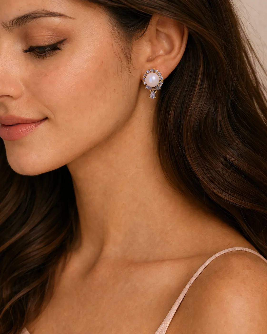 Pearl Stud Earrings with CZ Drop Design |