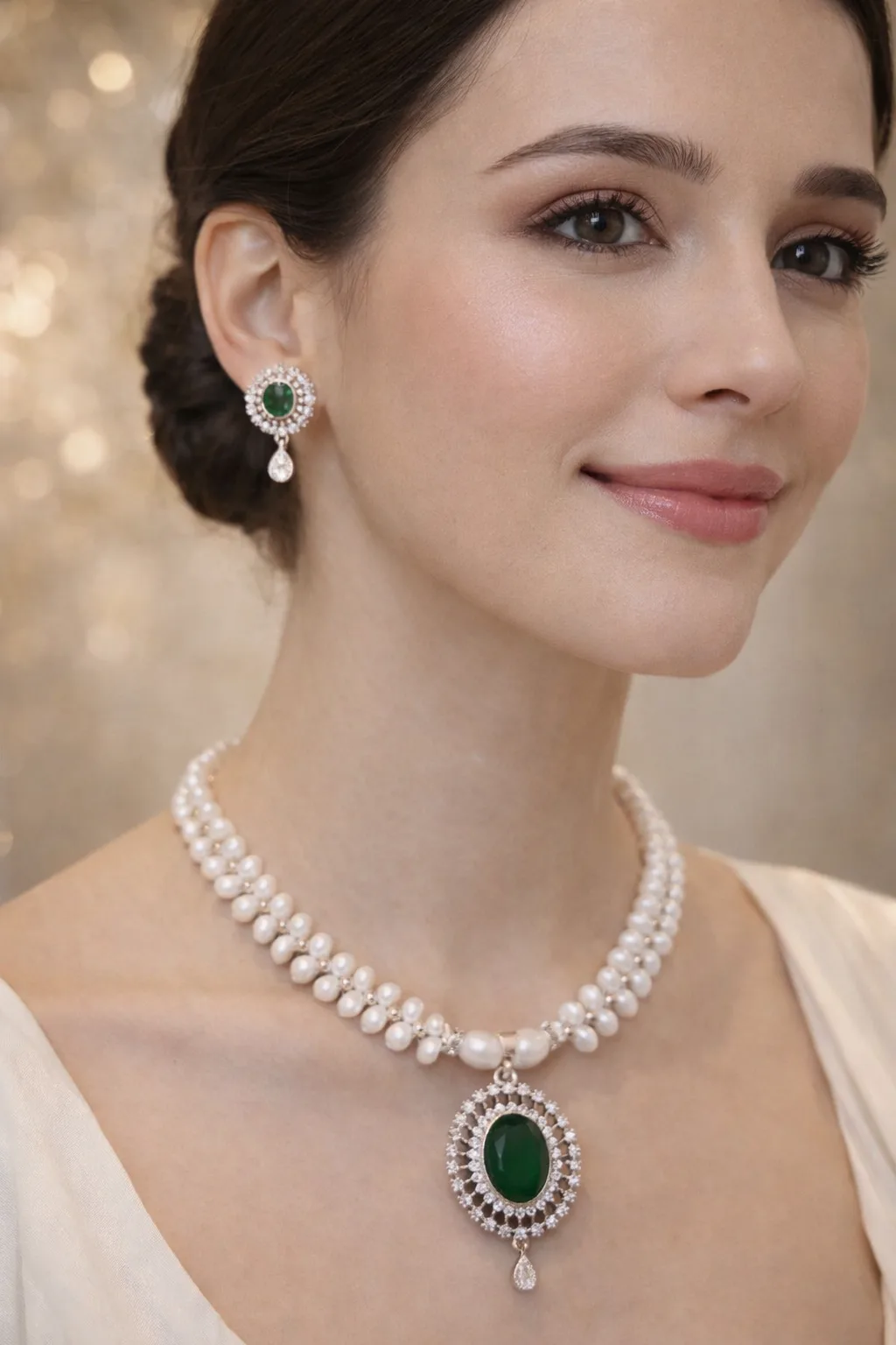 Elegant Pearl Necklace Set with Green Pendant |