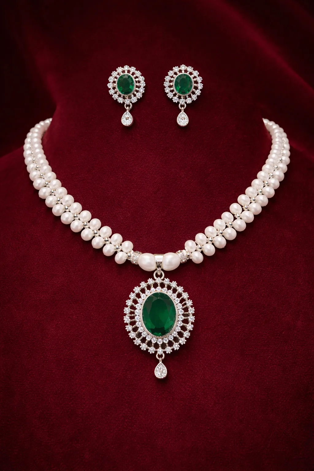 Elegant Pearl Necklace Set with Green Pendant thumbnail 5