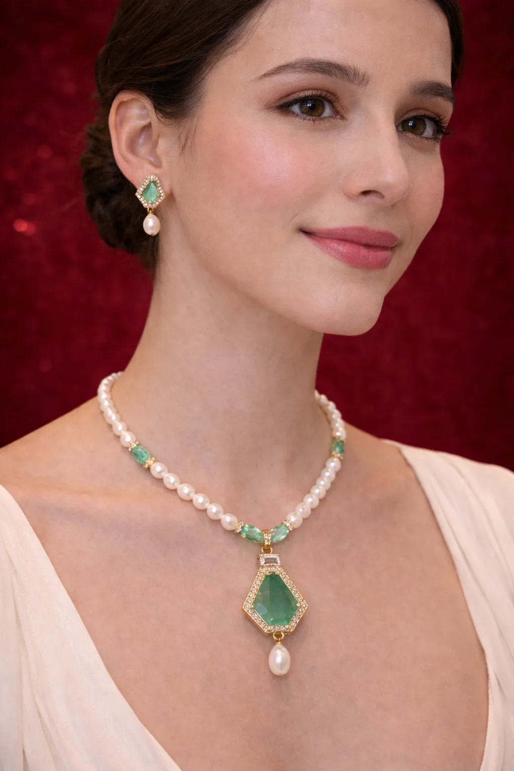 Elegant Pearl Necklace Set with Green Stone Pendant |