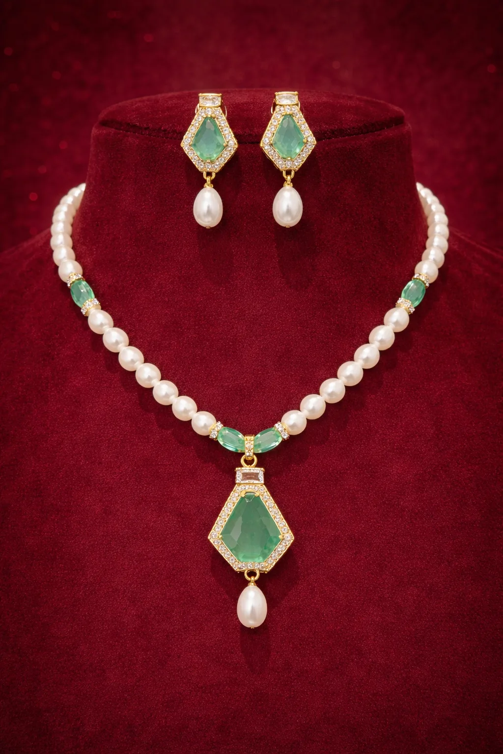 Elegant Pearl Necklace Set with Green Stone Pendant thumbnail 4