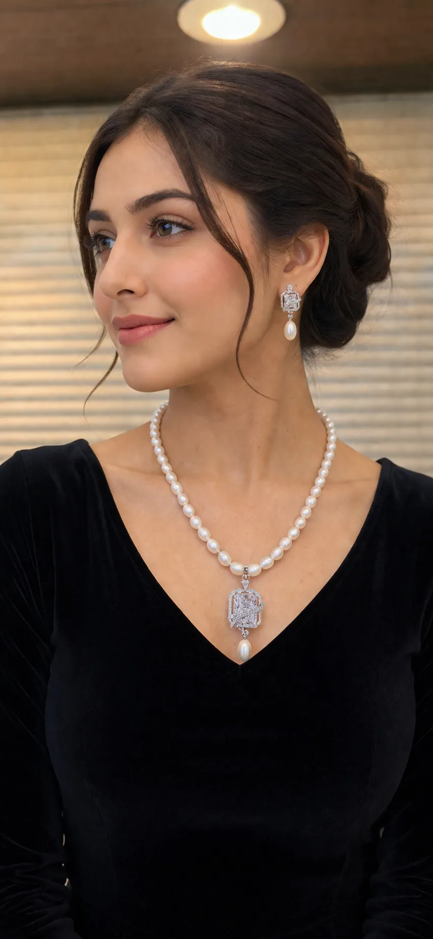 Elegant Pearl Necklace Set with Crystal Pendant thumbnail 3