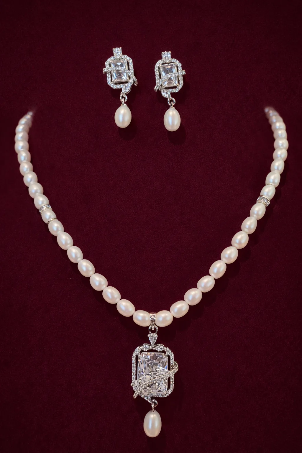 Elegant Pearl Necklace Set with Crystal Pendant thumbnail 4