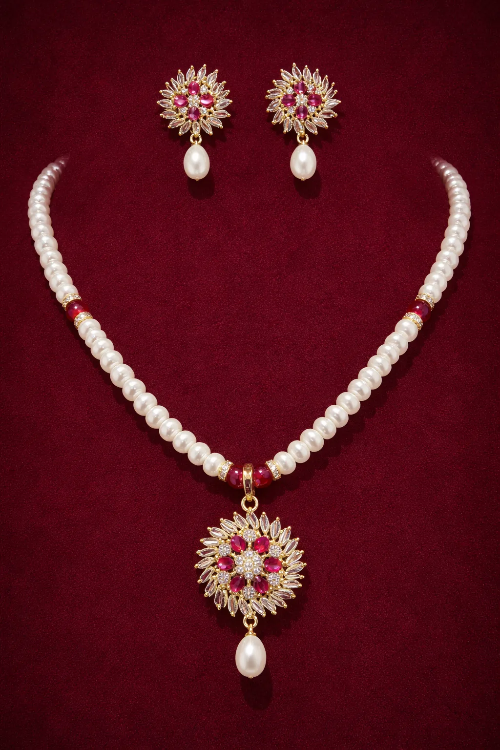 Elegant Pearl Necklace Set with Ruby Floral Pendant