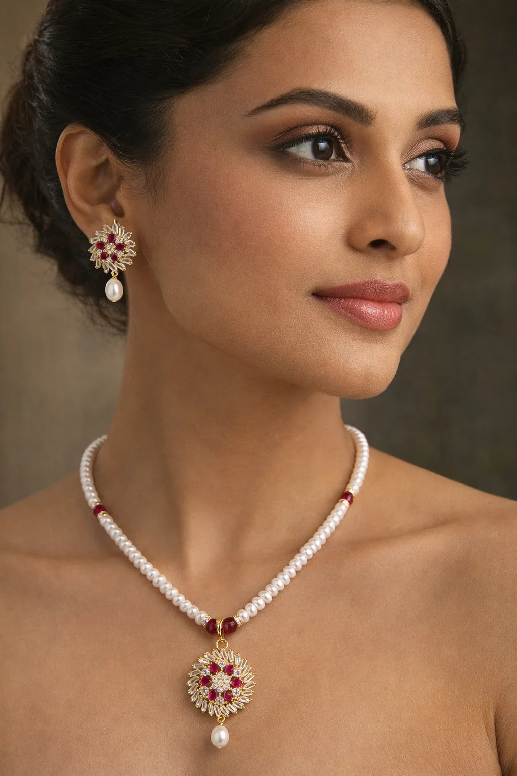 Elegant Pearl Necklace Set with Ruby Floral Pendant |