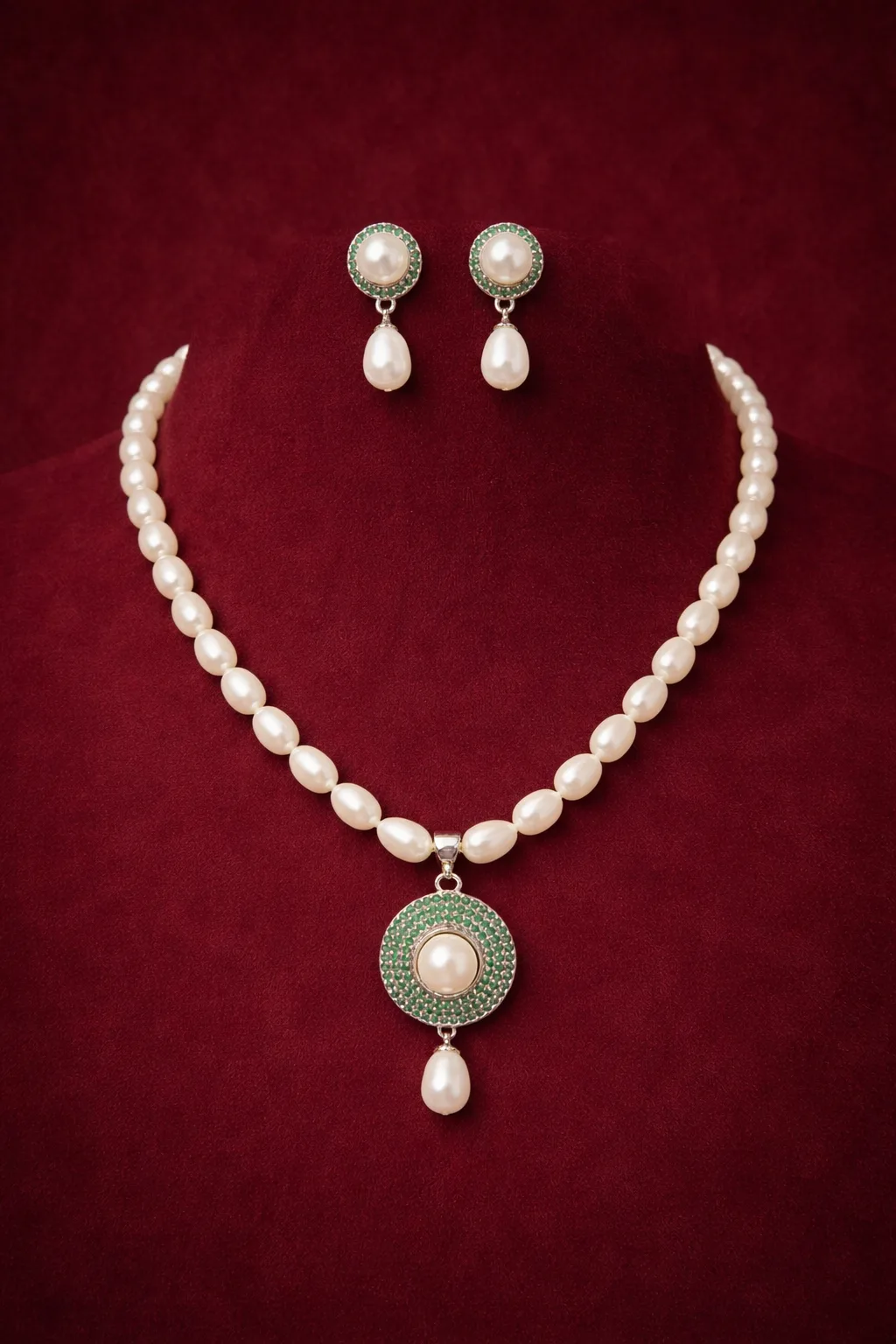 Elegant Pearl Necklace Set with Green Round Pendant thumbnail 4