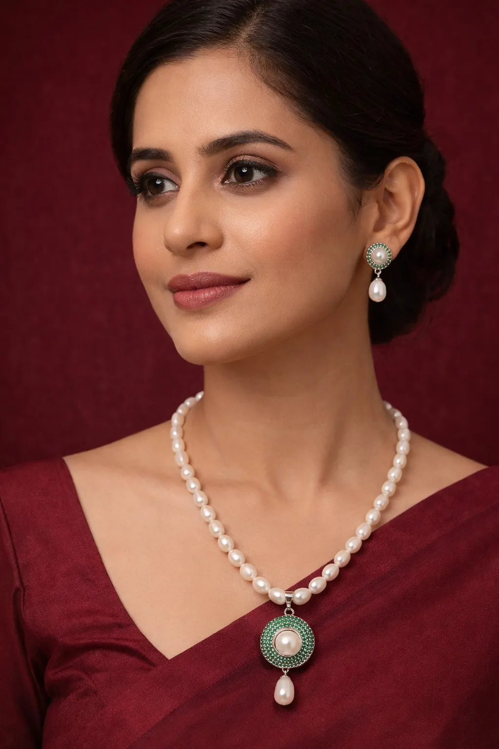 Elegant Pearl Necklace Set with Green Round Pendant thumbnail 3