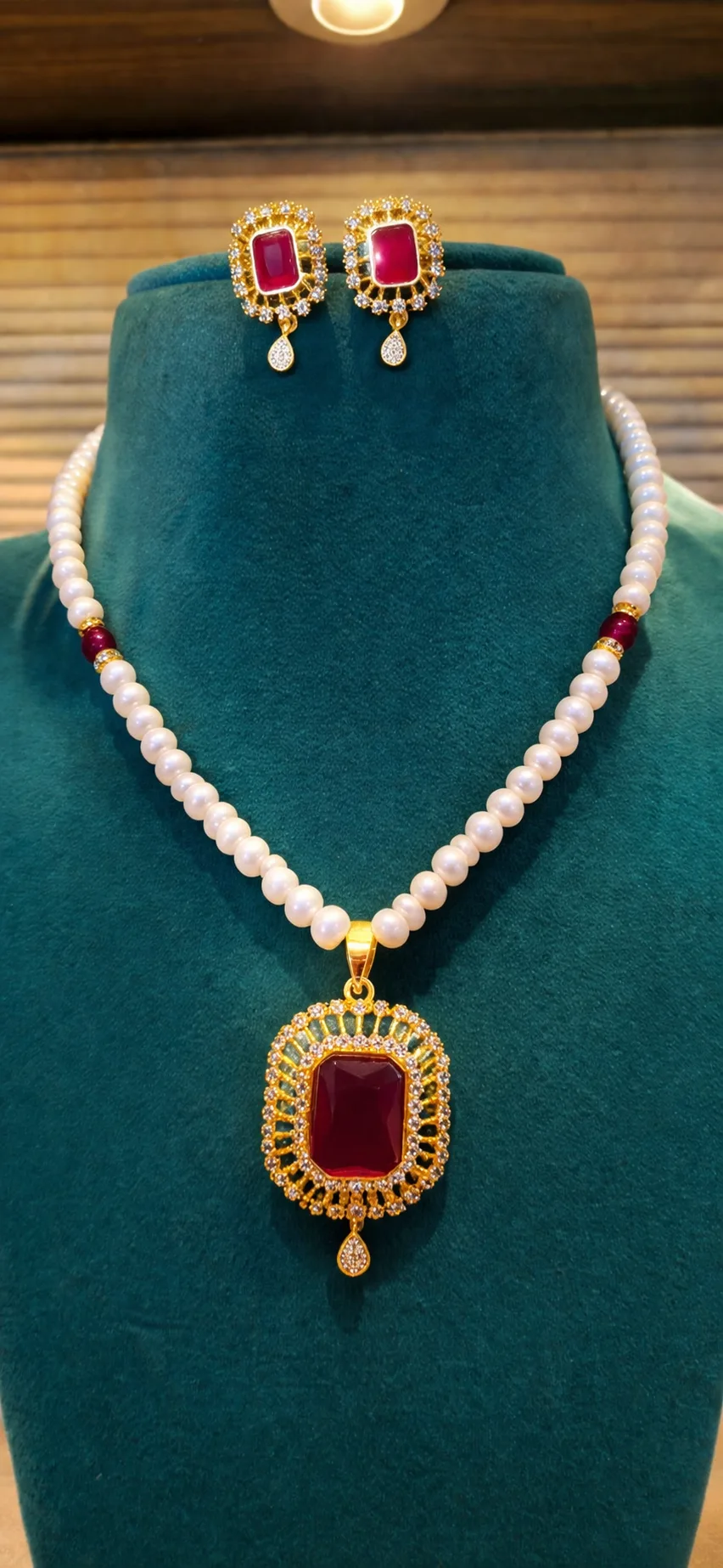 Elegant Pearl Necklace Set with Ruby Red Pendant & Earrings