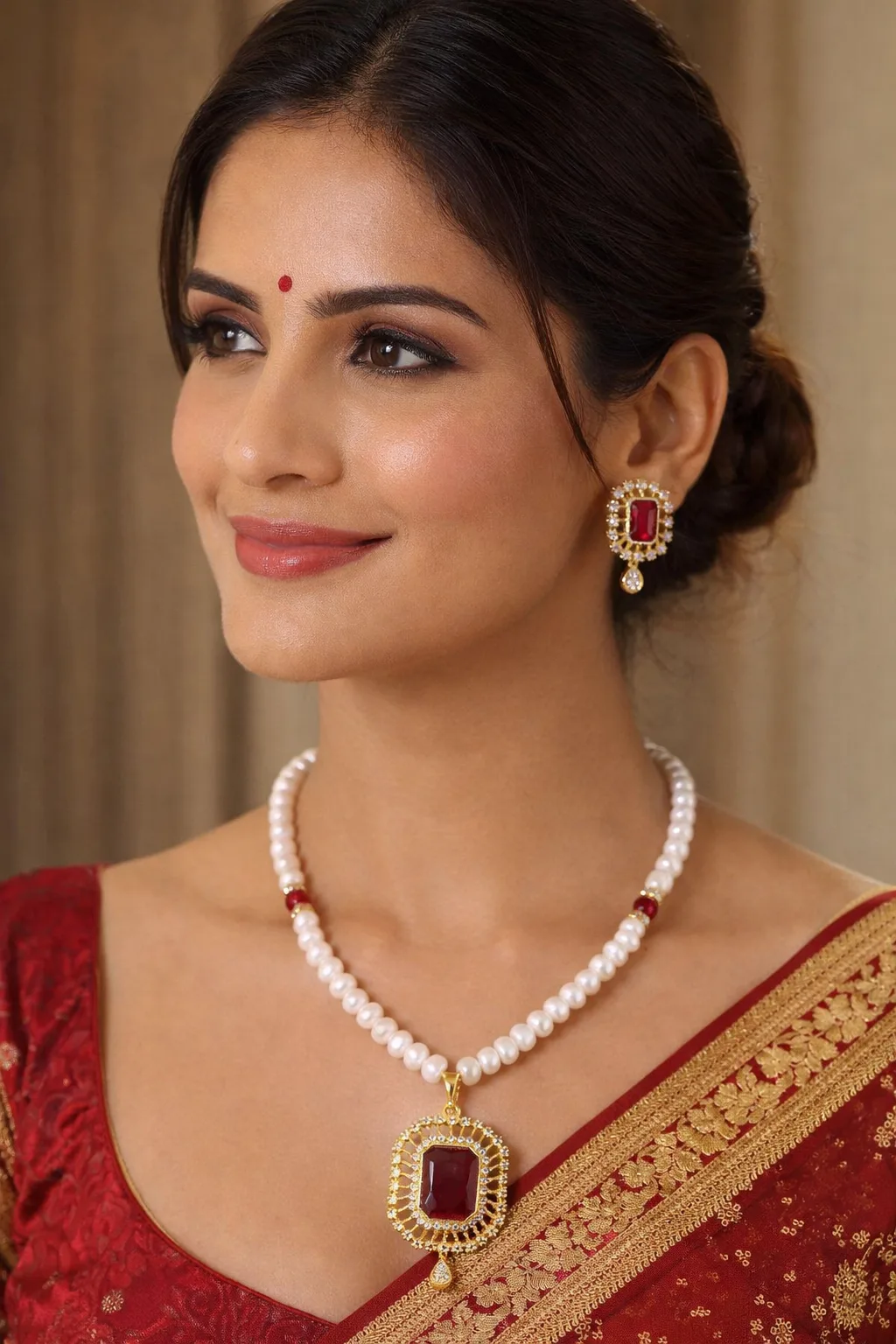 Elegant Pearl Necklace Set with Ruby Red Pendant & Earrings |