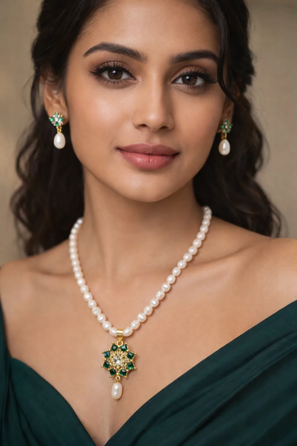 Elegant Pearl Necklace Set with Green Stone Pendant & Earrings |
