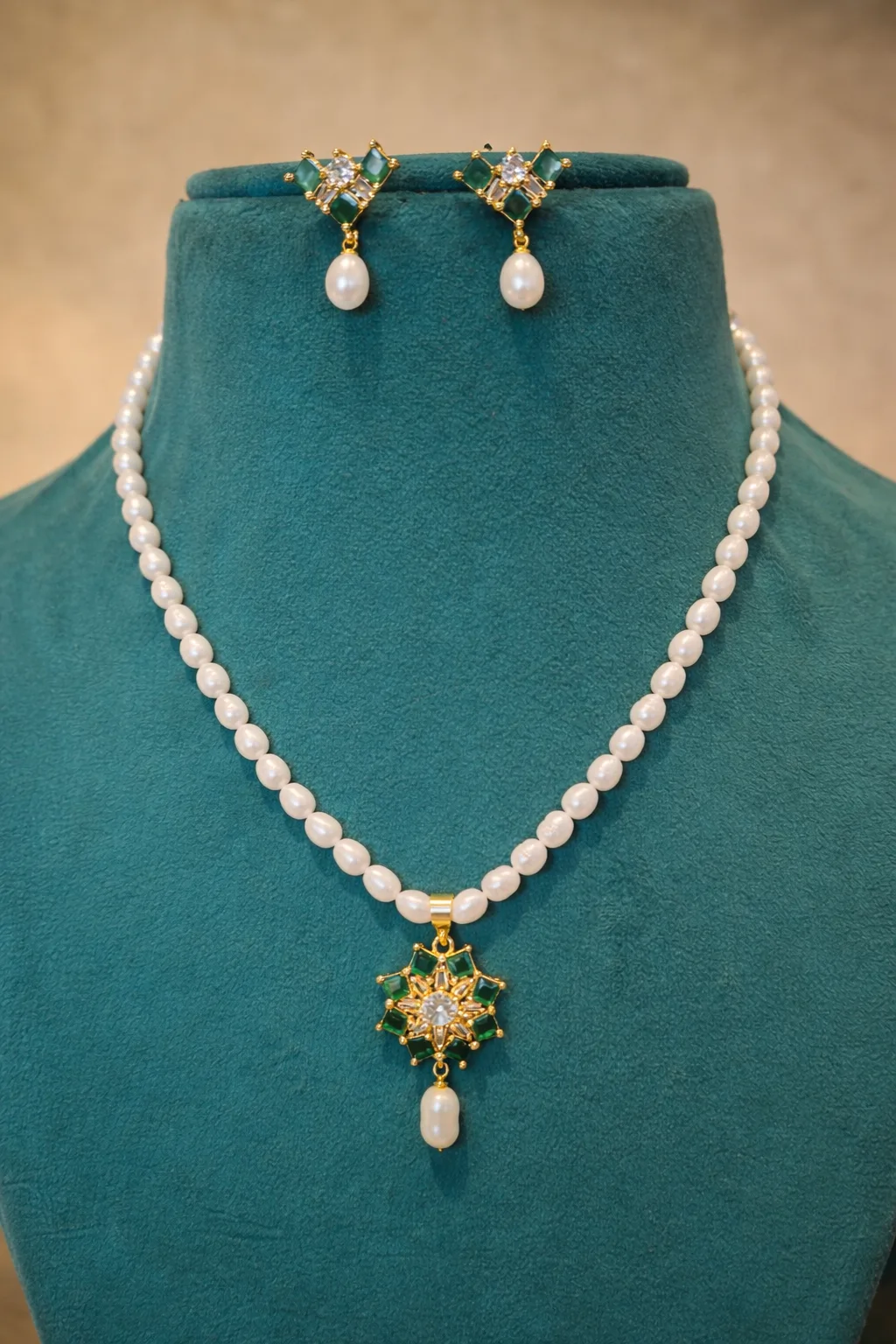Elegant Pearl Necklace Set with Green Stone Pendant & Earrings