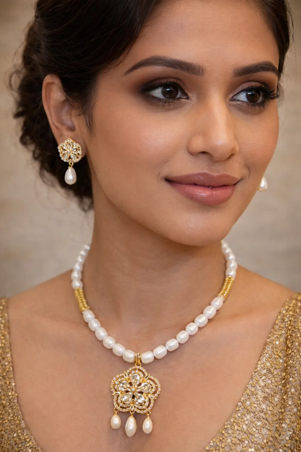 Elegant Pearl Necklace Set with Floral Pendant & Earrings |