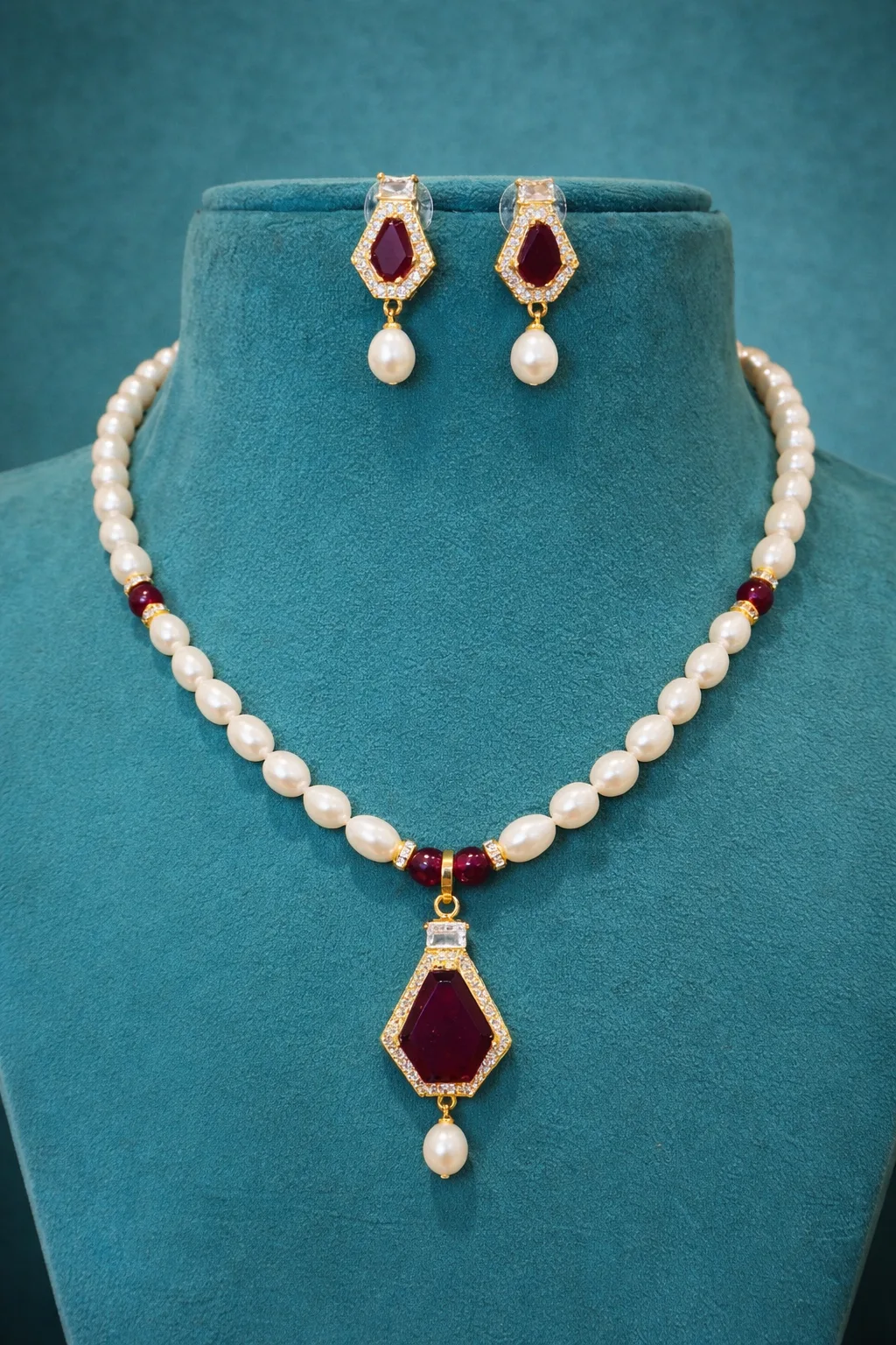 Elegant Pearl Necklace Set with Ruby Pendant & Earrings