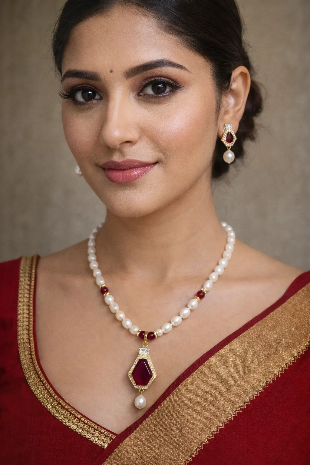 Elegant Pearl Necklace Set with Ruby Pendant & Earrings |