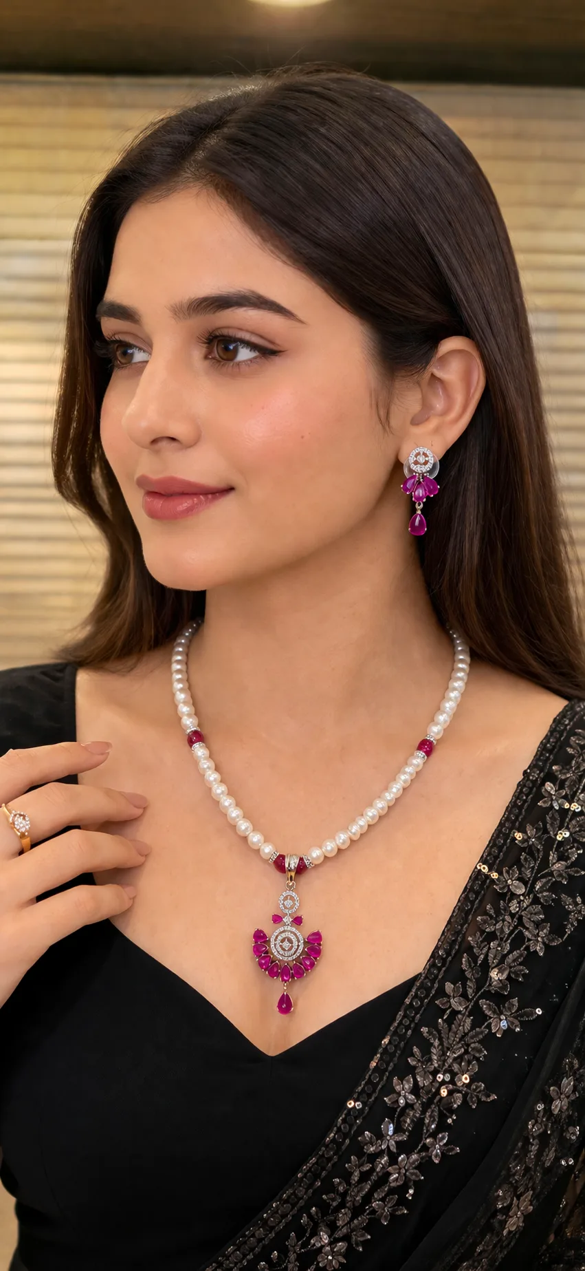 Premium Pearl Necklace Set with Pink Stone Pendant & Earrings thumbnail 4