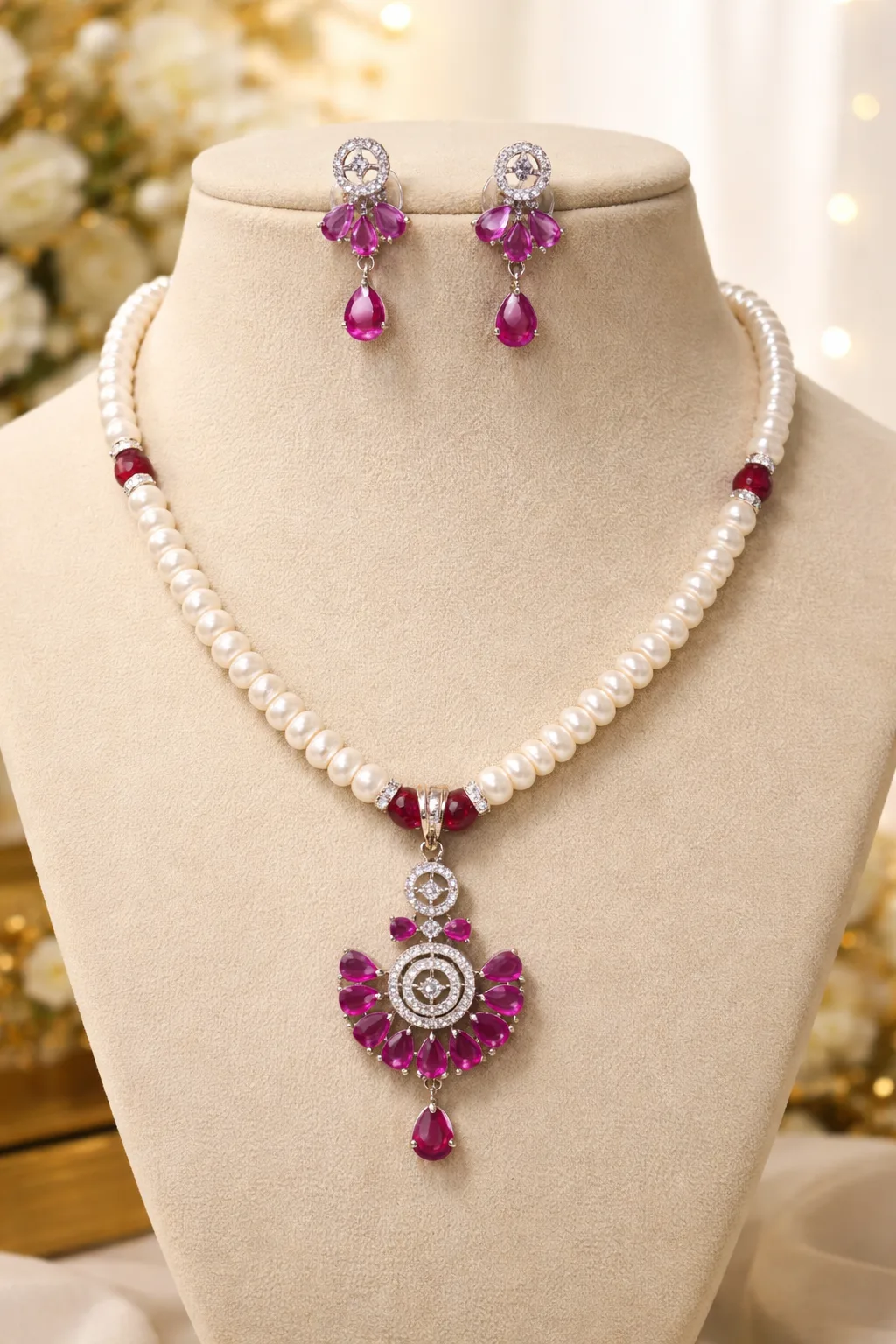 Premium Pearl Necklace Set with Pink Stone Pendant & Earrings