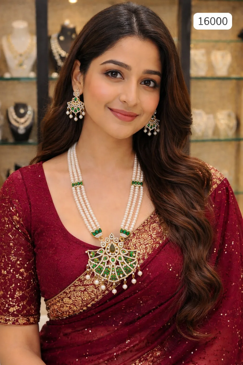 Premium Pearl Long Necklace Set with Green Pendant thumbnail 1