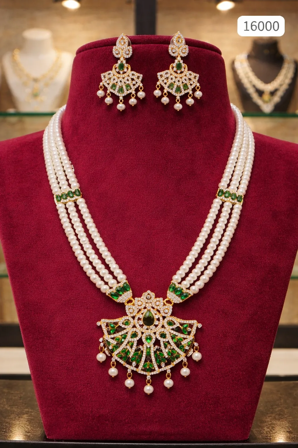 Premium Pearl Long Necklace Set with Green Pendant