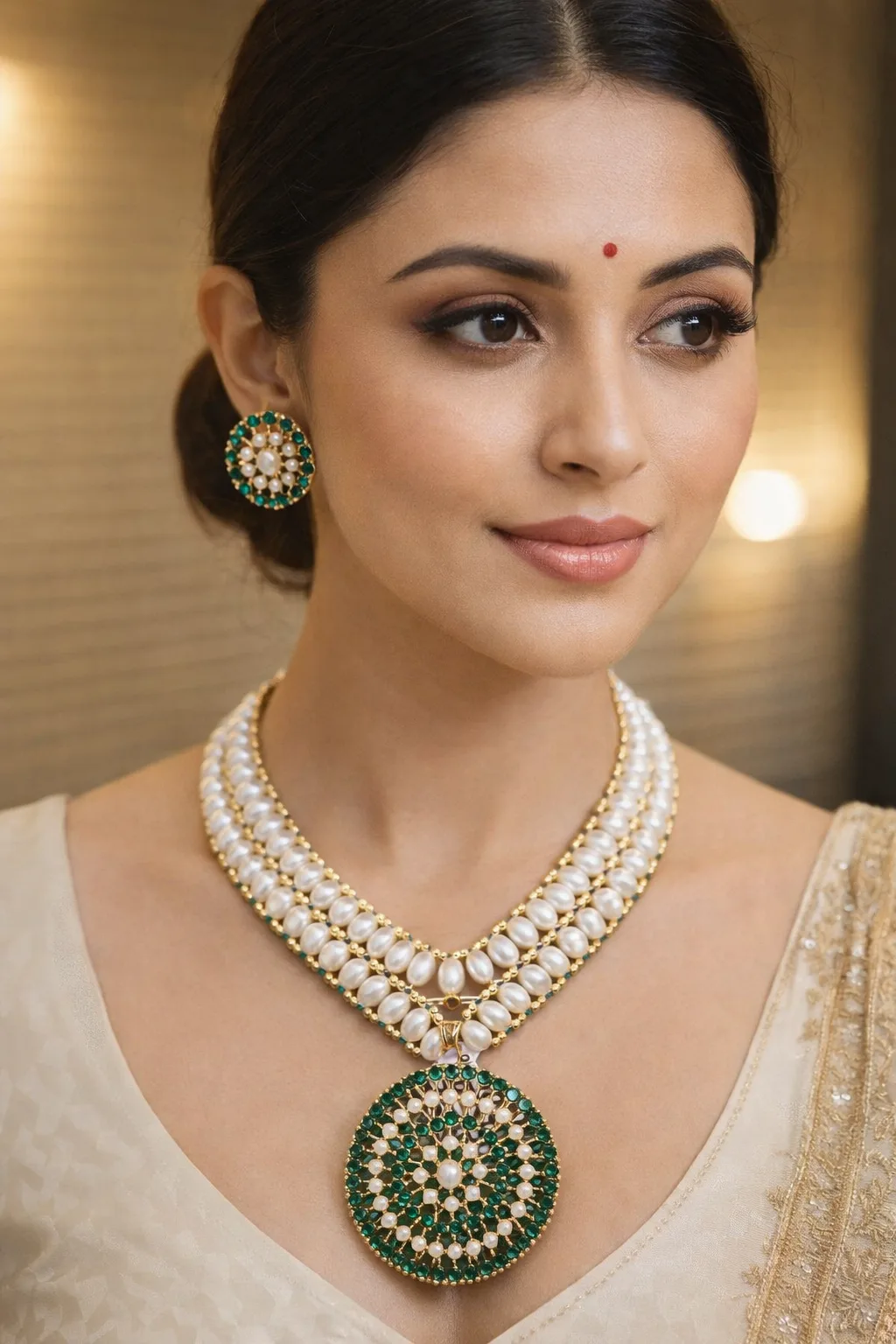 Designer Pearl Necklace Set with Green Pendant thumbnail 4