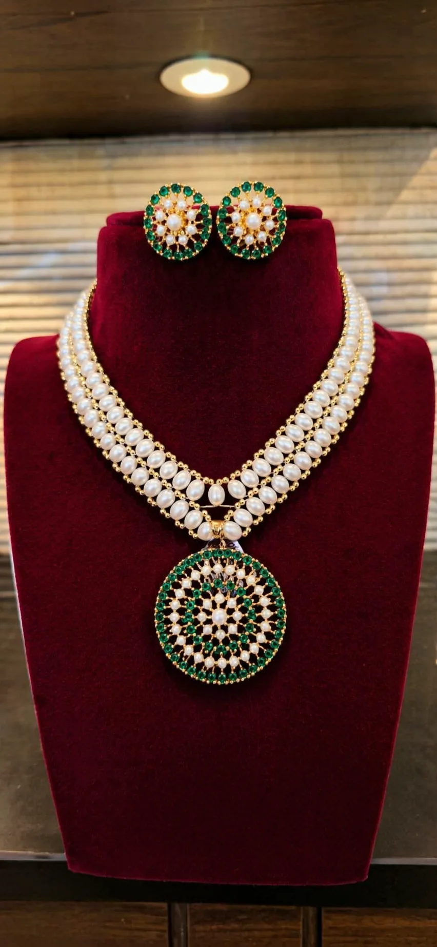 Designer Pearl Necklace Set with Green Pendant thumbnail 5
