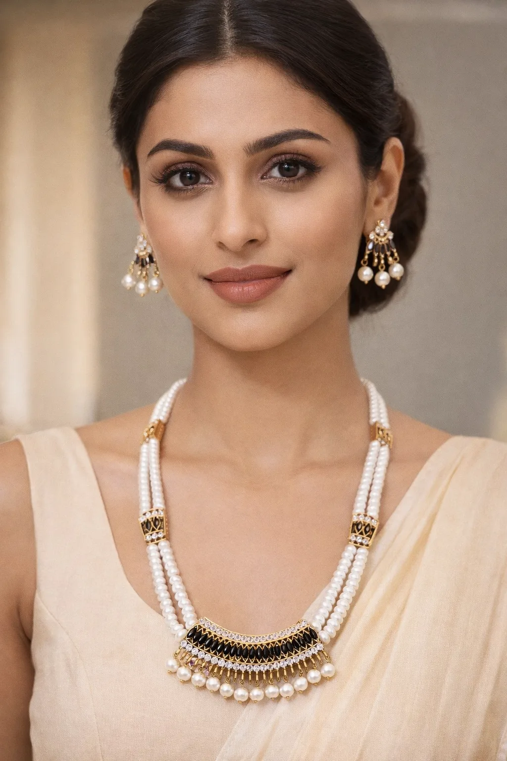 Elegant Pearl Necklace Set with Black Stone Pendant |