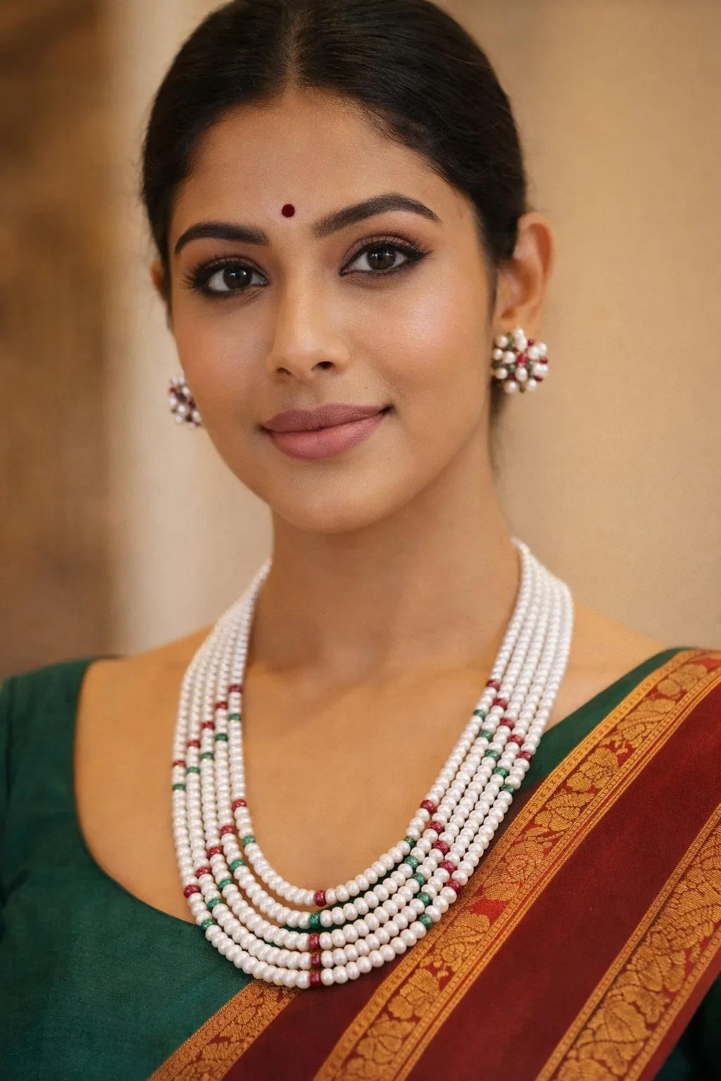 Multi Layer Pearl Necklace Set with Color Beads |