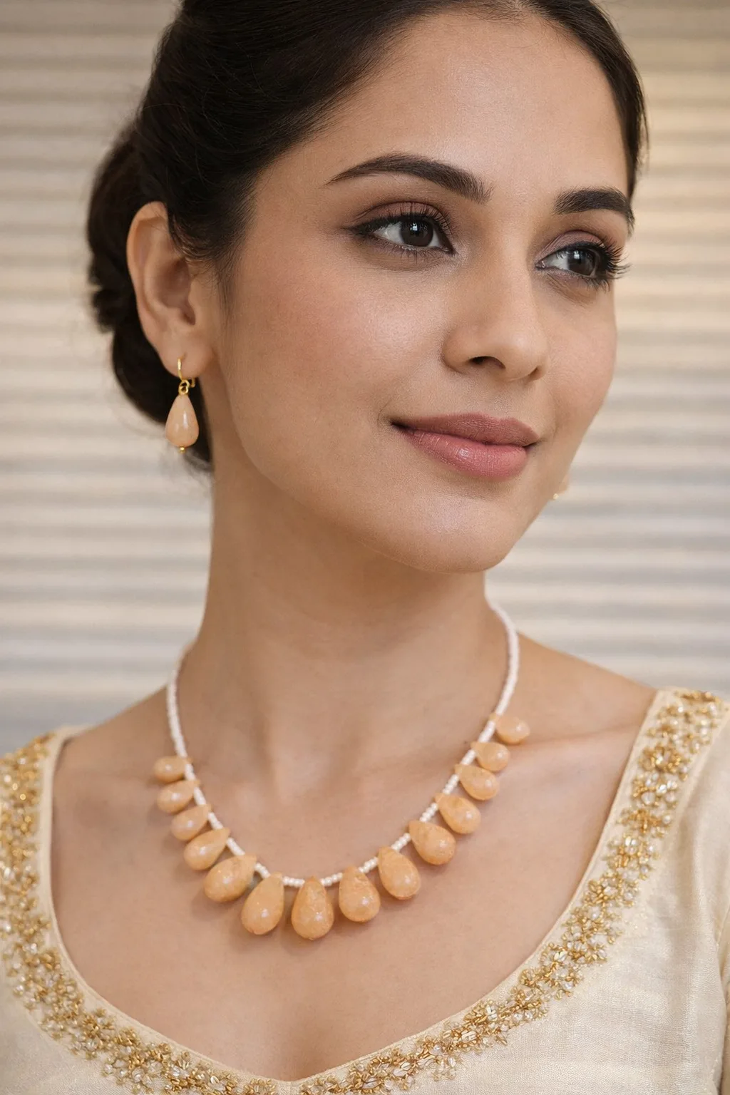 Elegant Peach Pearl Drop Necklace Set for Women |