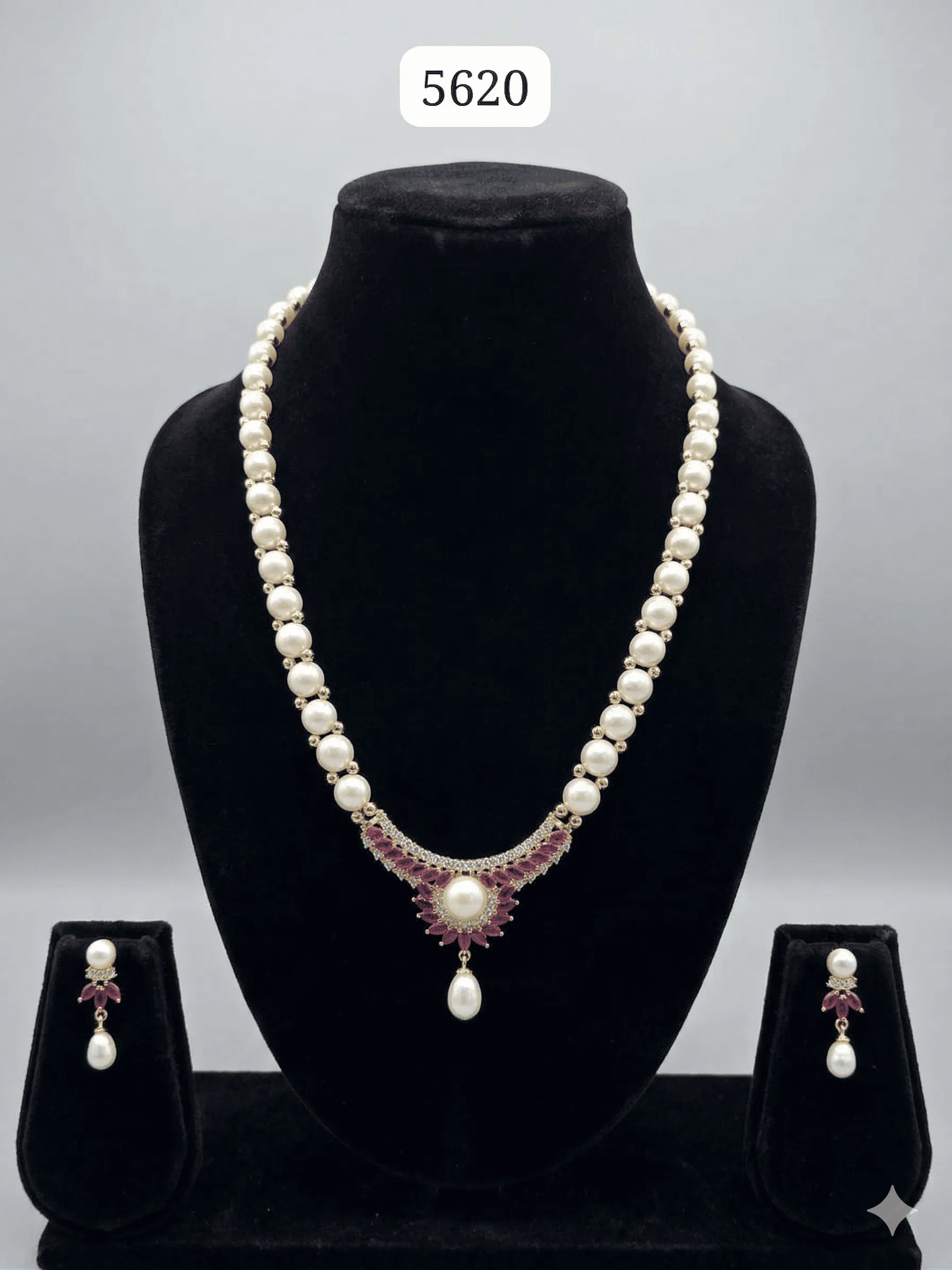 Traditional Pearl Necklace Set with Antique Ruby Pendant & Drop Pearl | Bridal & Festive Jewellery