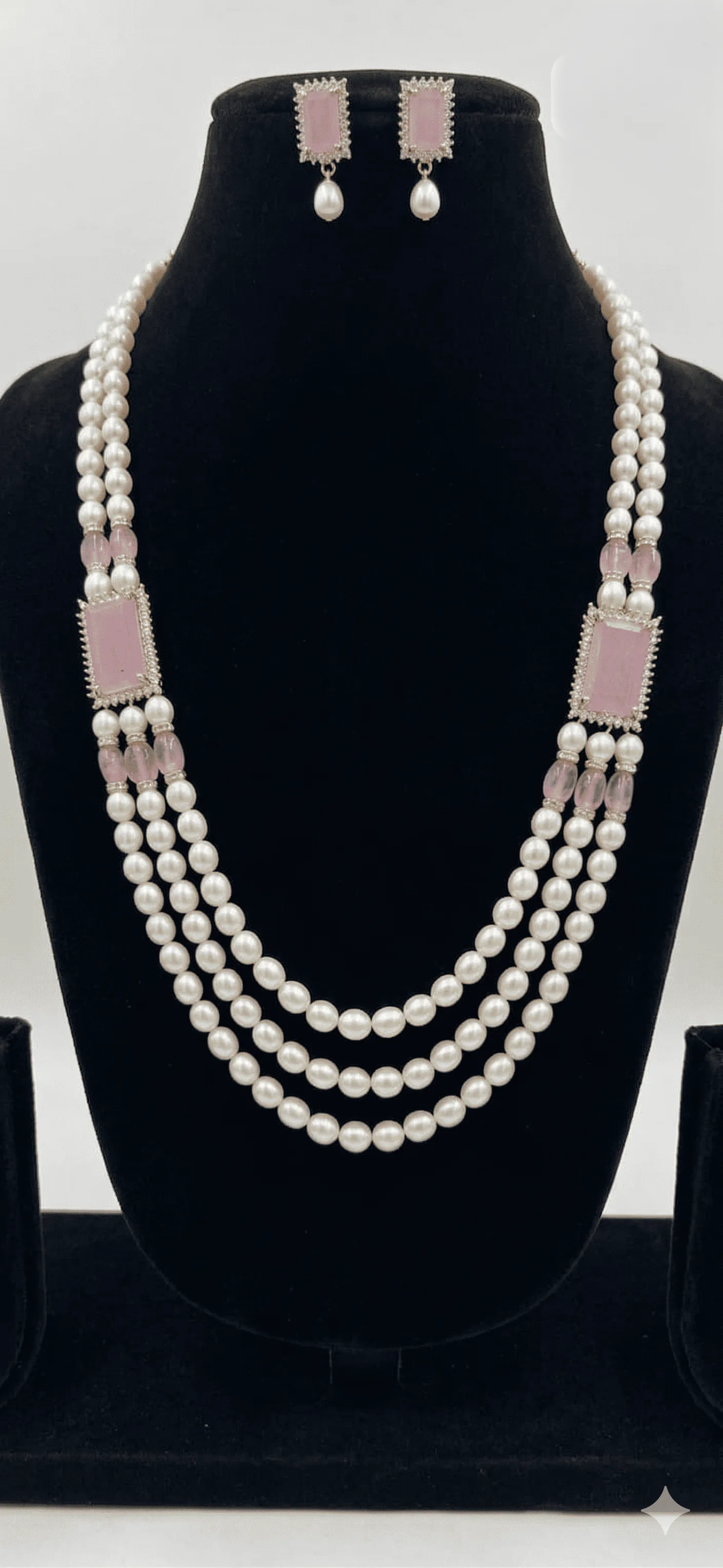 Classic Multi-Layer Pearl Necklace Set with Pink Gemstone Accents