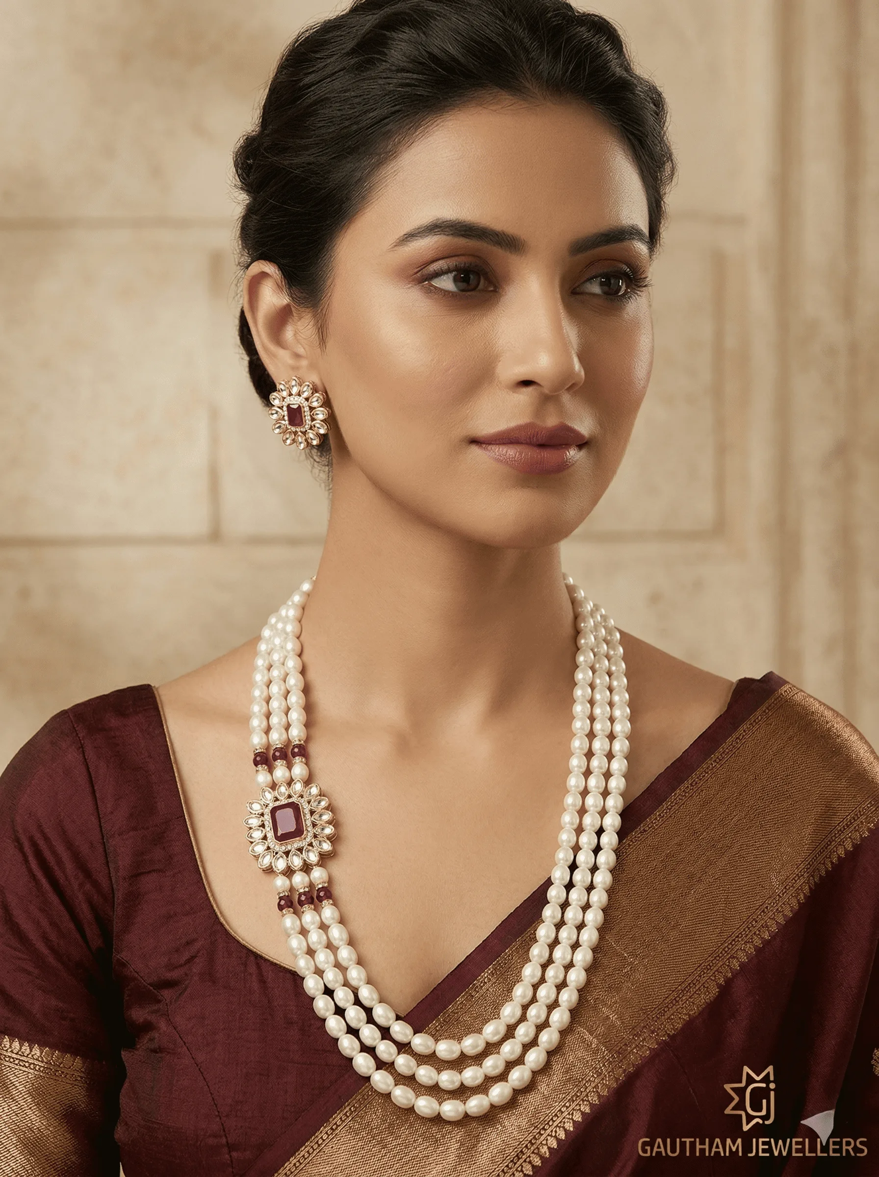 Royal Multi-Layer Pearl Necklace Set with Designer Pendant