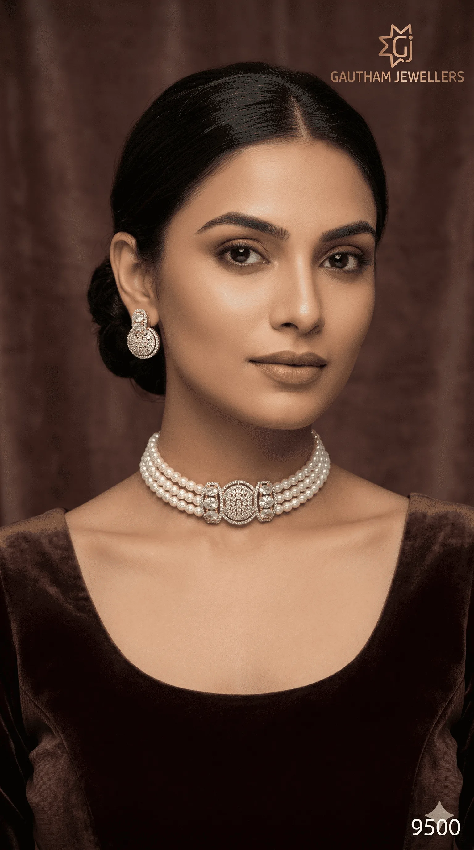 Classic Pearl Choker Necklace Set with Diamond Finish Centerpiece for Women