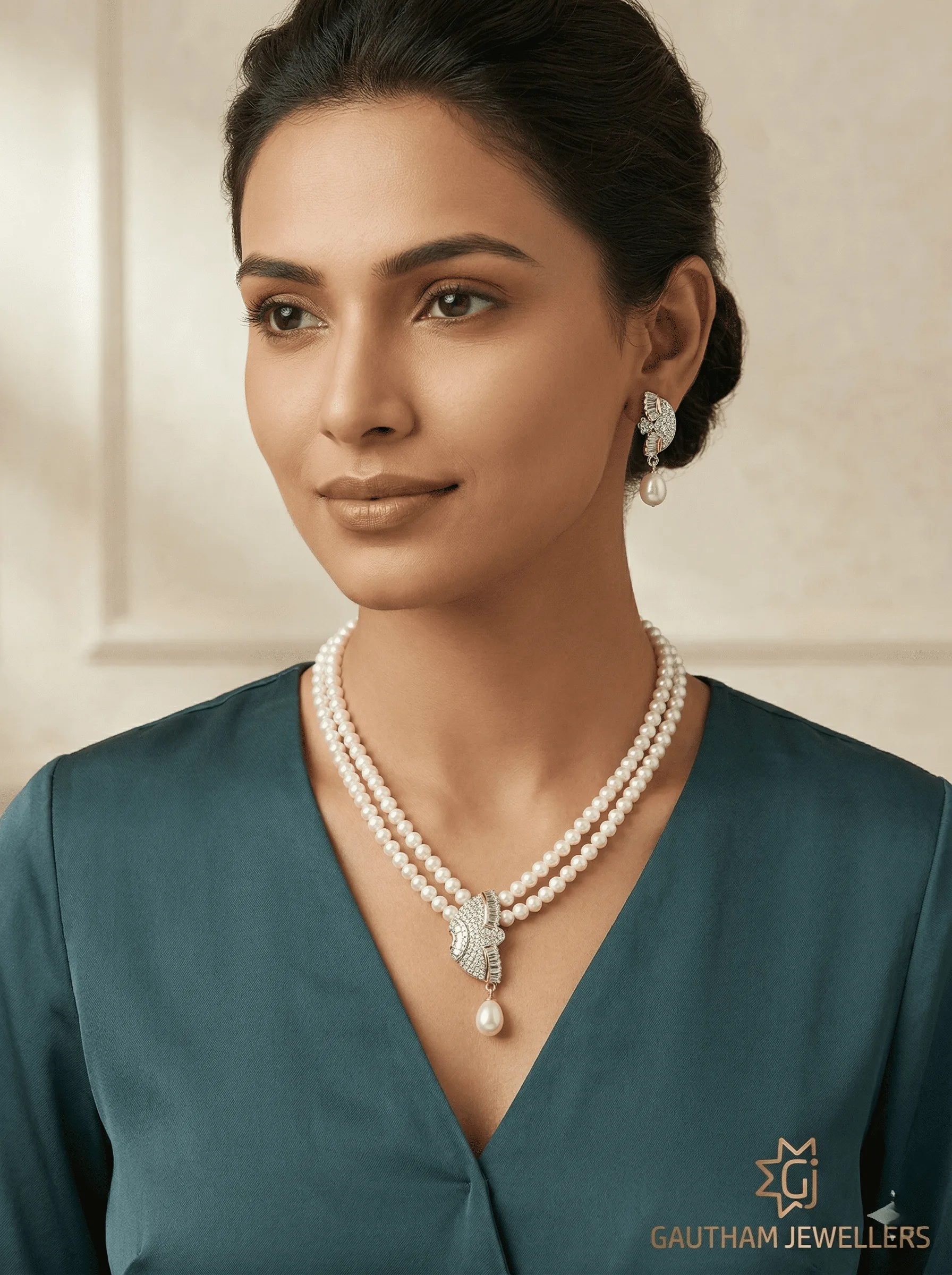 Classic Double Layer Pearl Necklace Set with Designer Pendant