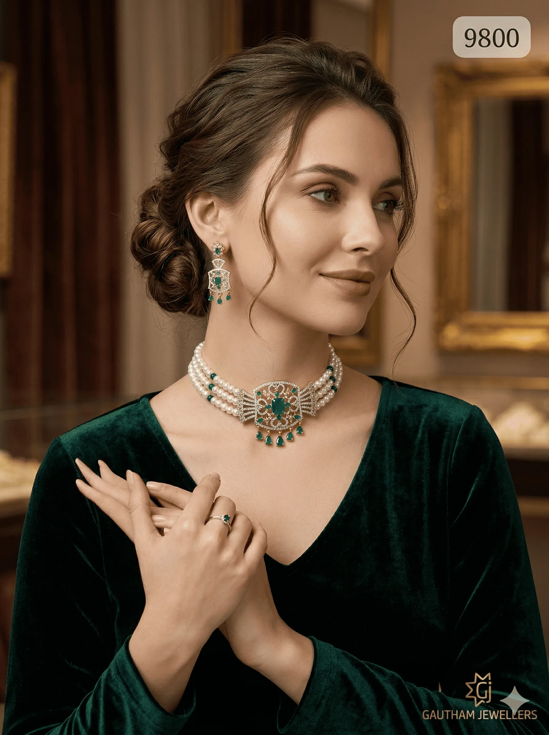 Elegant Pearl Choker Necklace Set with Emerald Stones & Drop Earrings for Women
