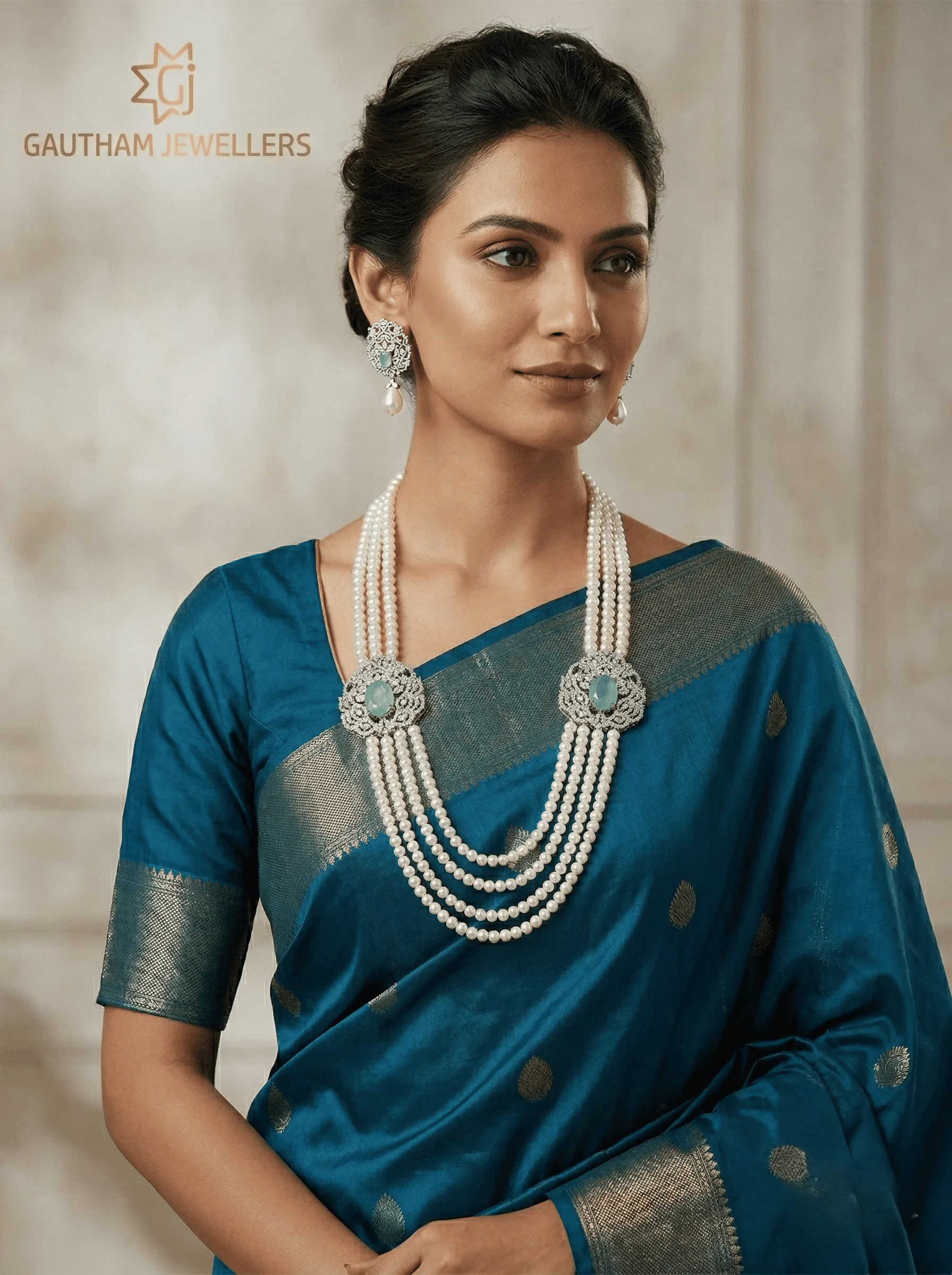Royal Multi Layer Pearl Haar Necklace Set with Aqua Stone Brooch for Women