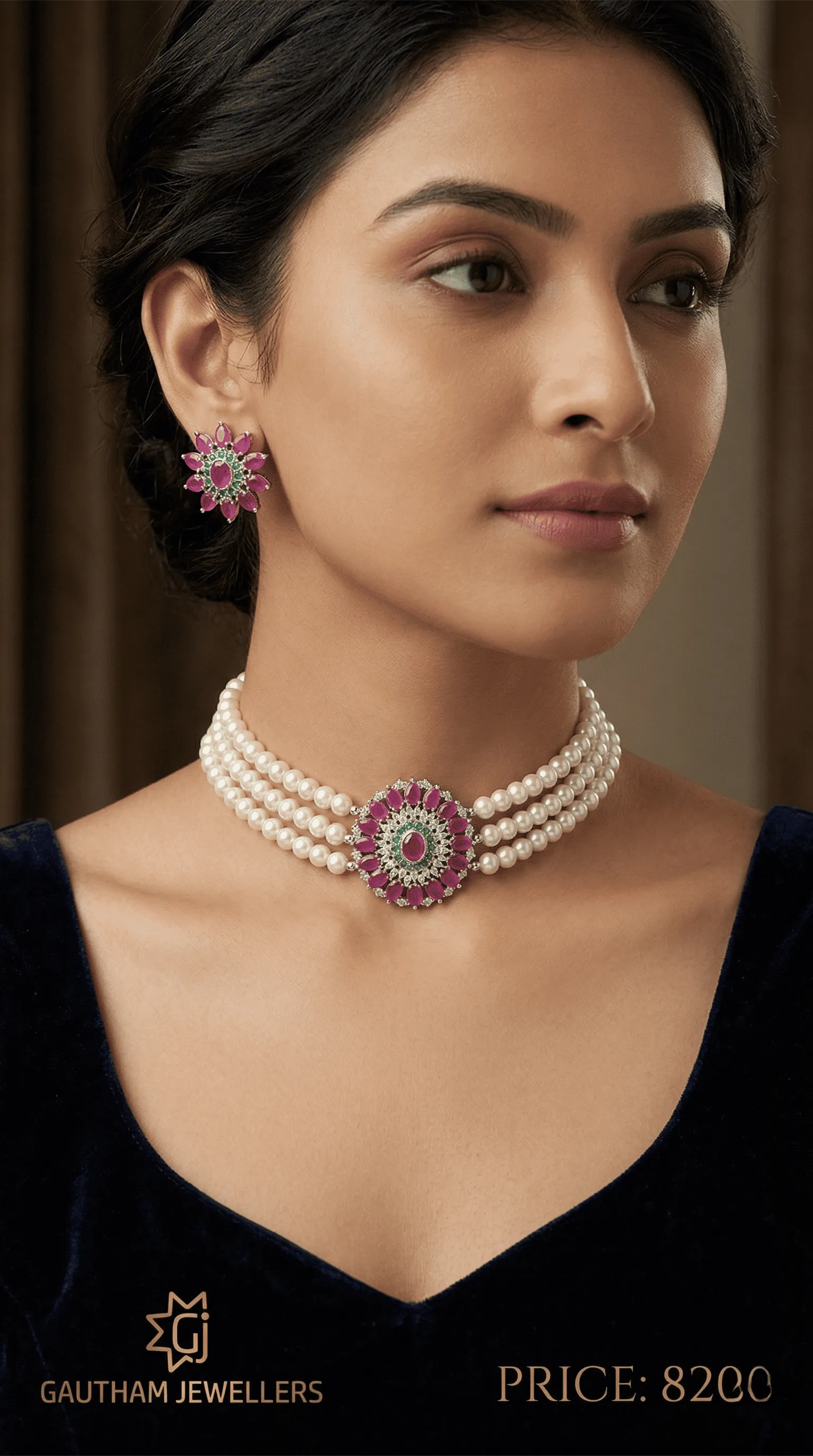 Elegant Pearl Choker Necklace Set with Pink & Green Stone Pendant