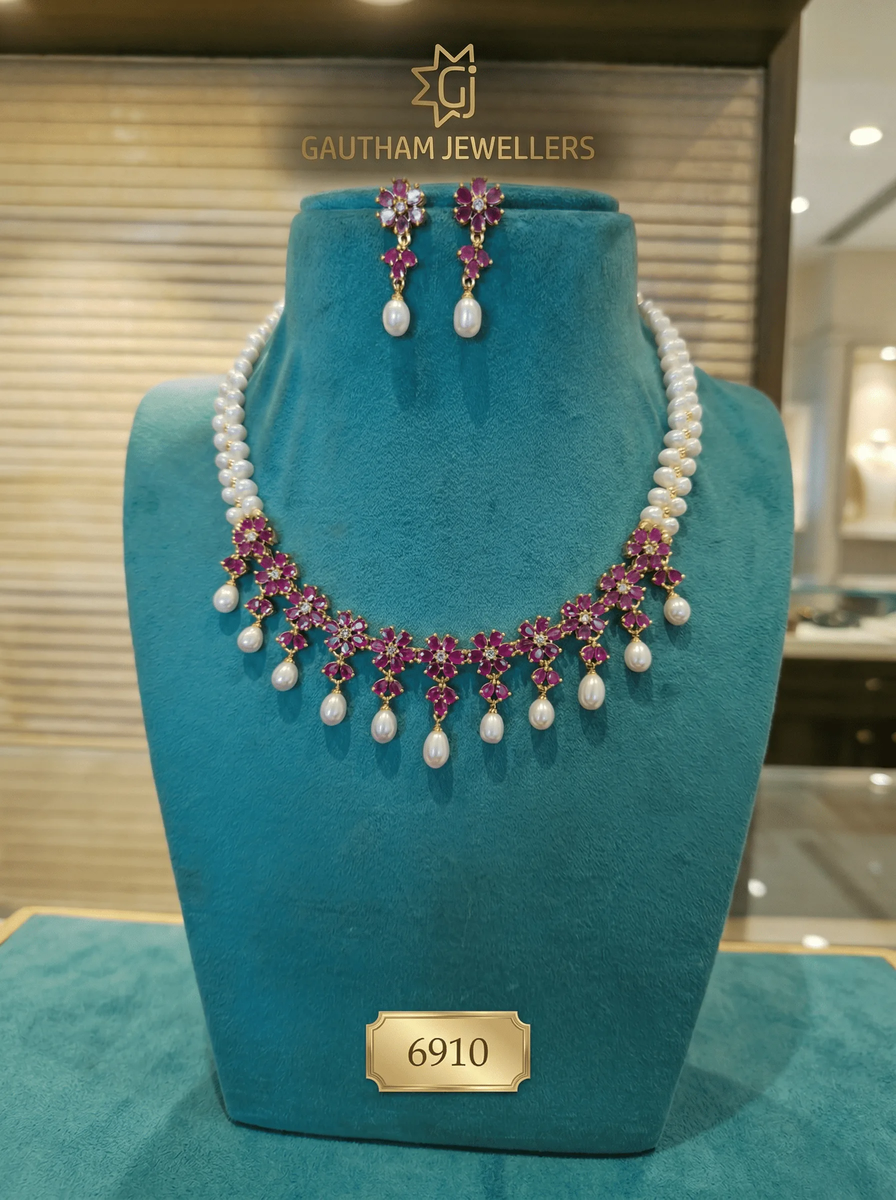 Elegant Ruby Floral Pearl Necklace Set with Pearl Drops & Earrings thumbnail 1