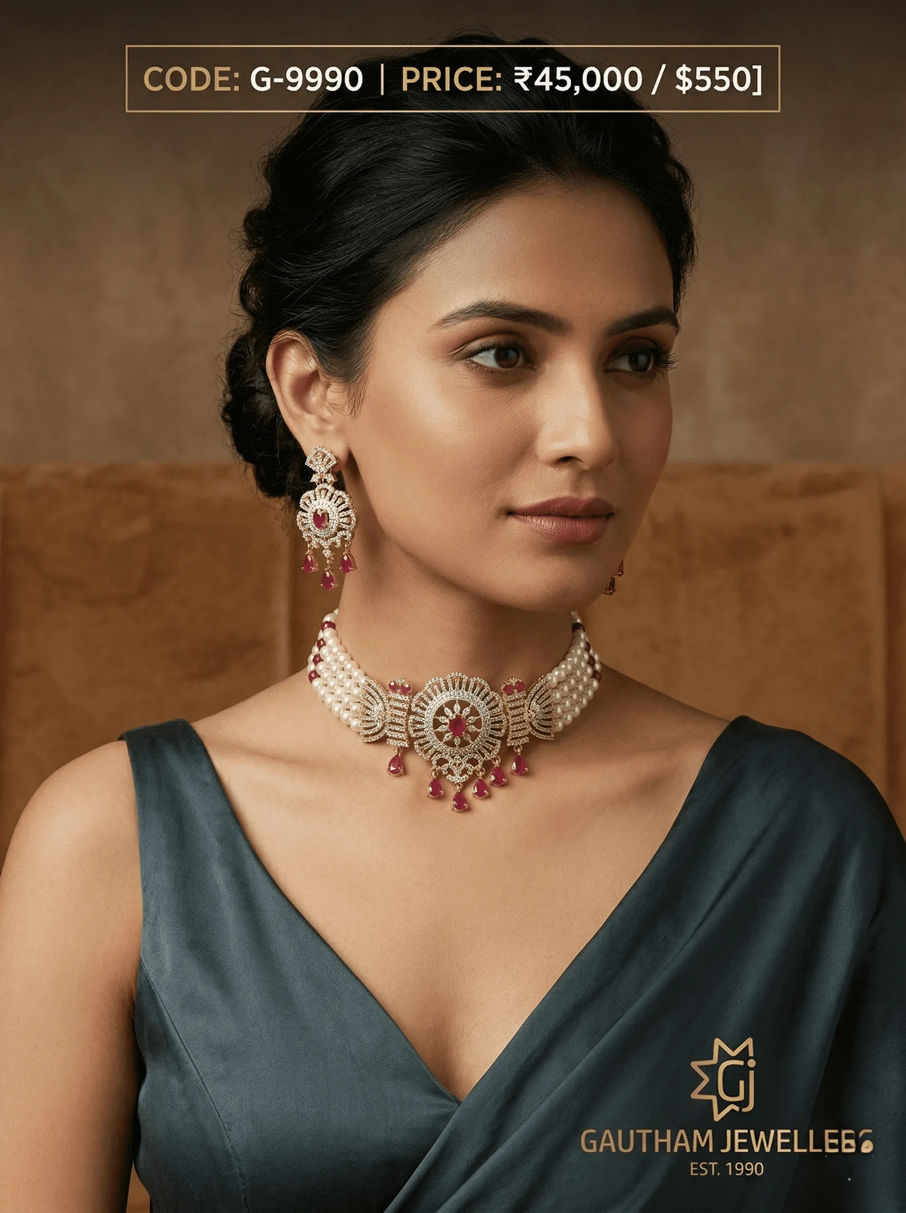 Luxury Pearl & Ruby Choker Necklace Set with Designer Pendant