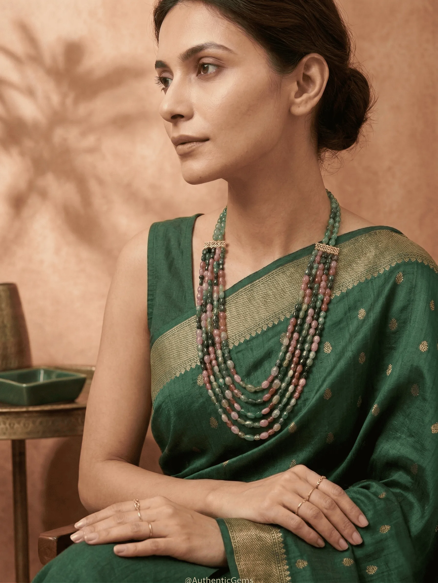 Elegant Multi-Layer Gemstone Mala Necklace in Green & Pink Beads