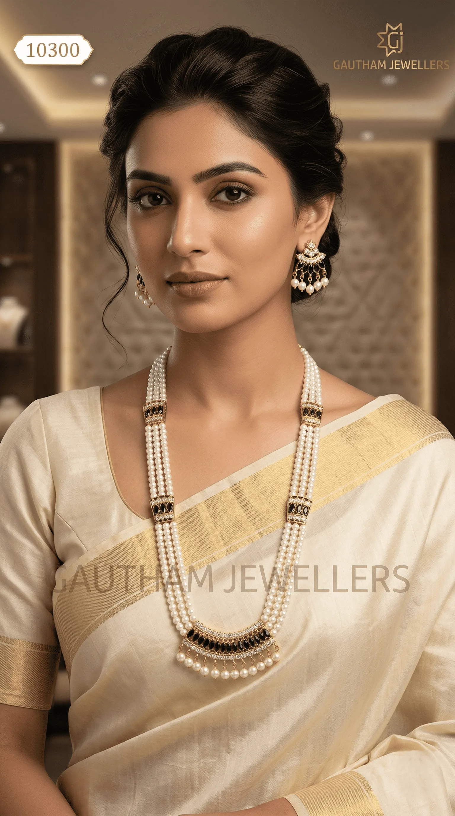Luxury Real Pearl Long Necklace Set with Vintage Gold Detailing