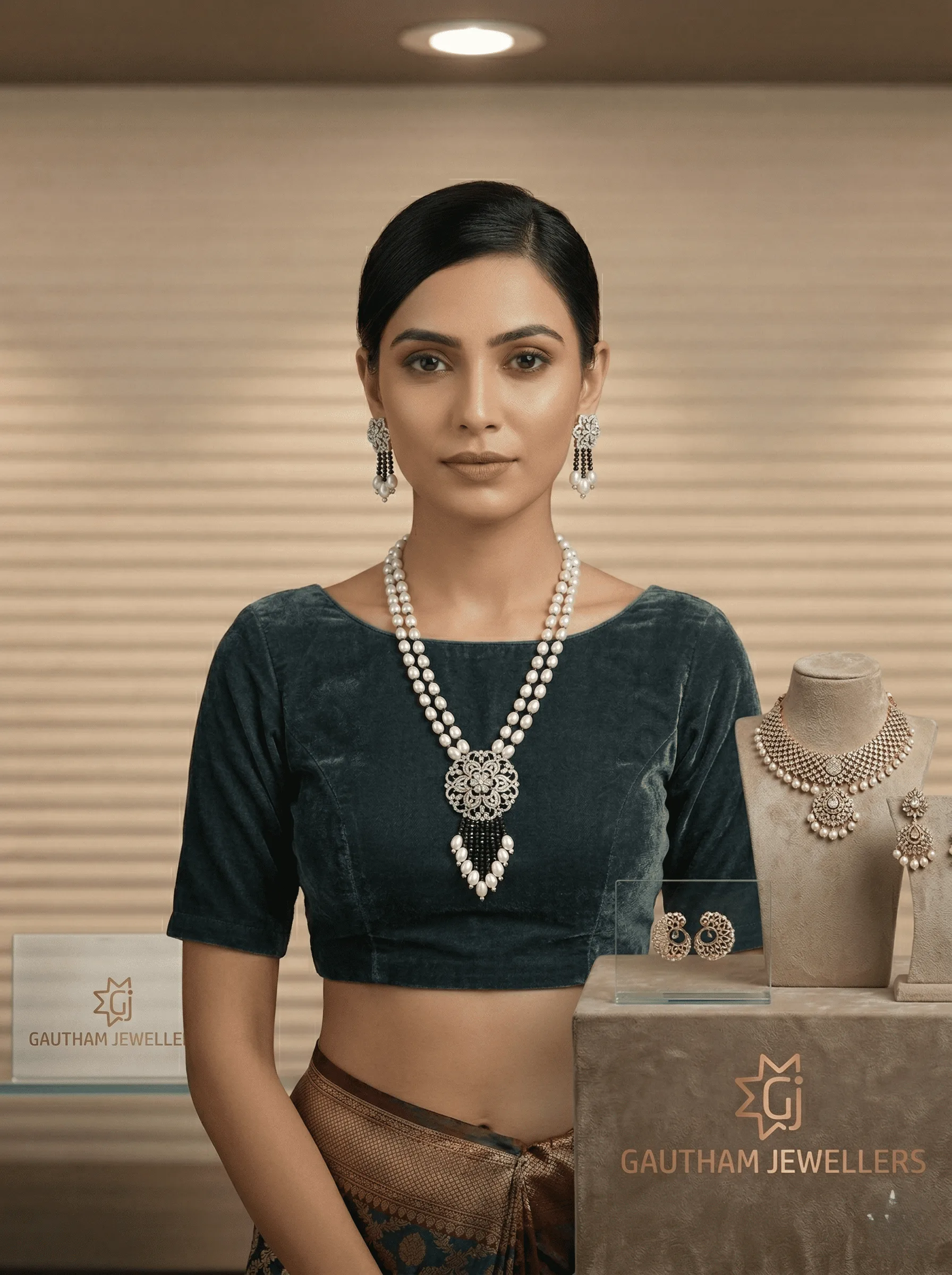 Designer Dual-Layer Pearl Necklace Set with Black Beads & Floral Pendant