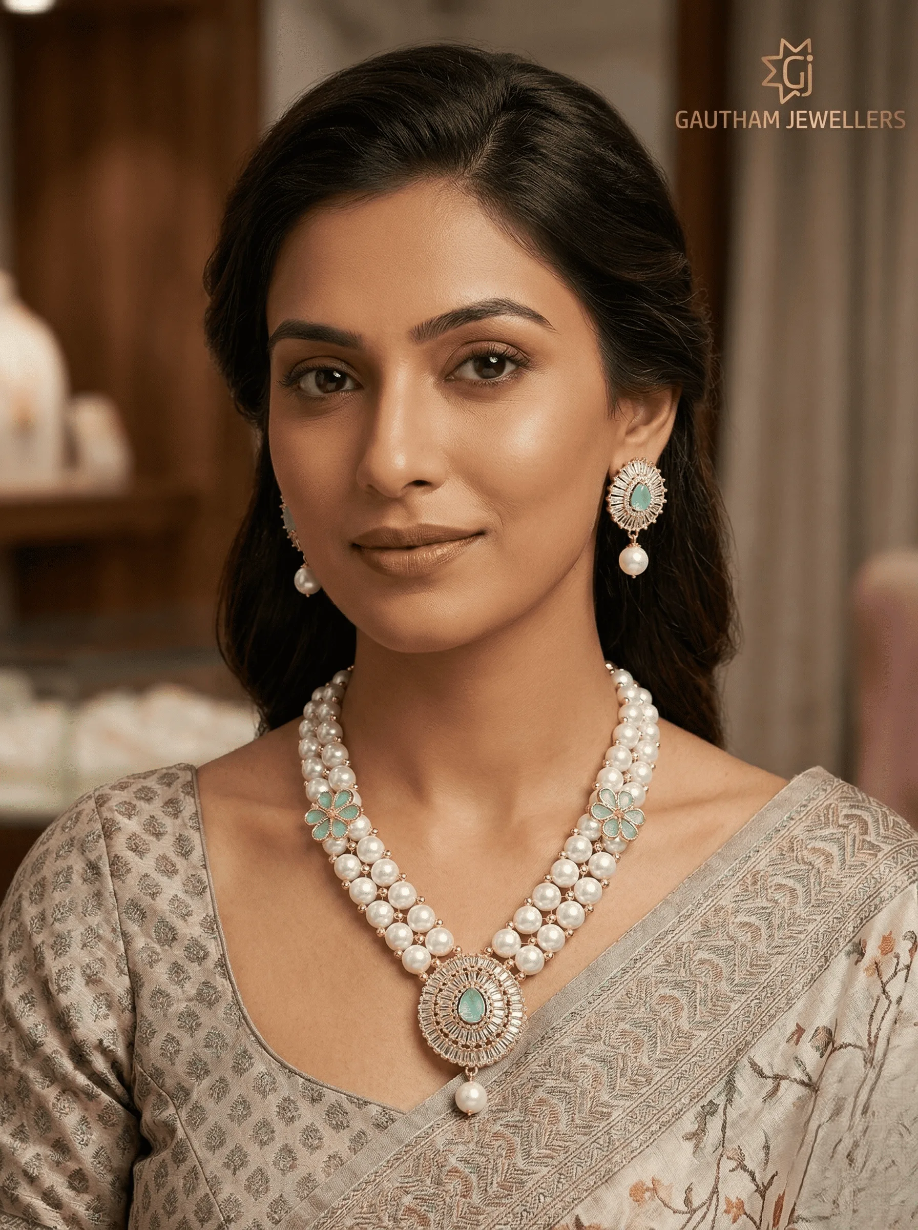Elegant Pearl Necklace Set with Mint Stone Pendant & Floral Design