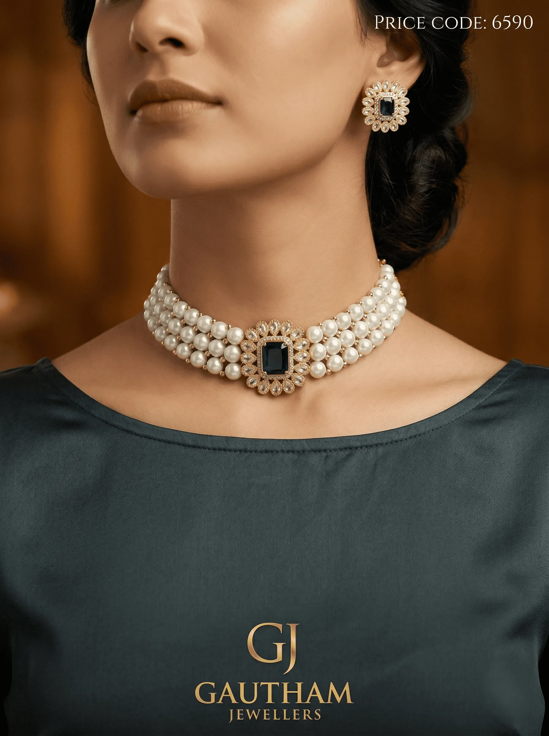 Luxury Pearl Choker Necklace Set with Black Stone Pendant & Earrings
