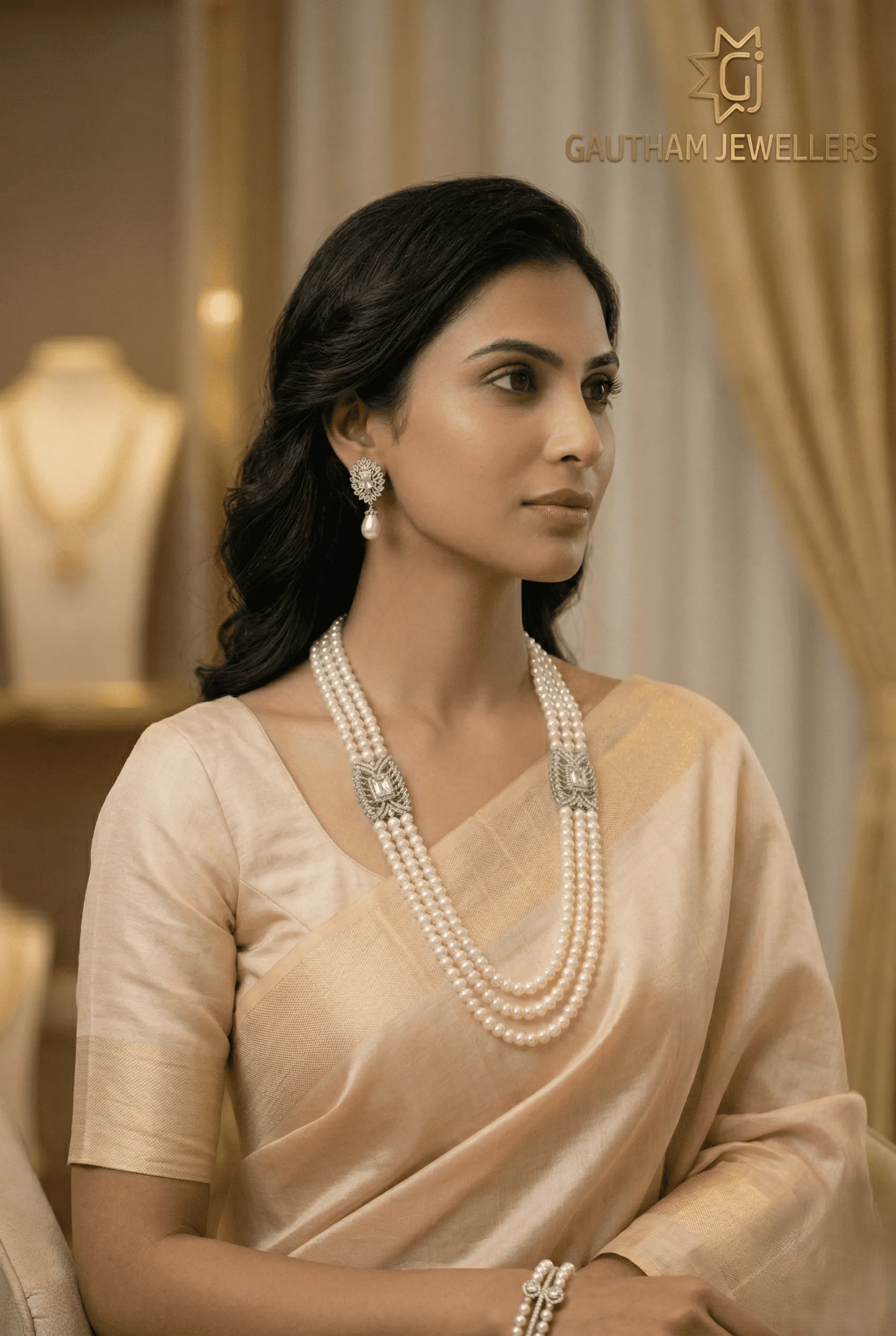 Multi-Layer Pearl Mala Necklace | Gautham Jewellers India thumbnail 1