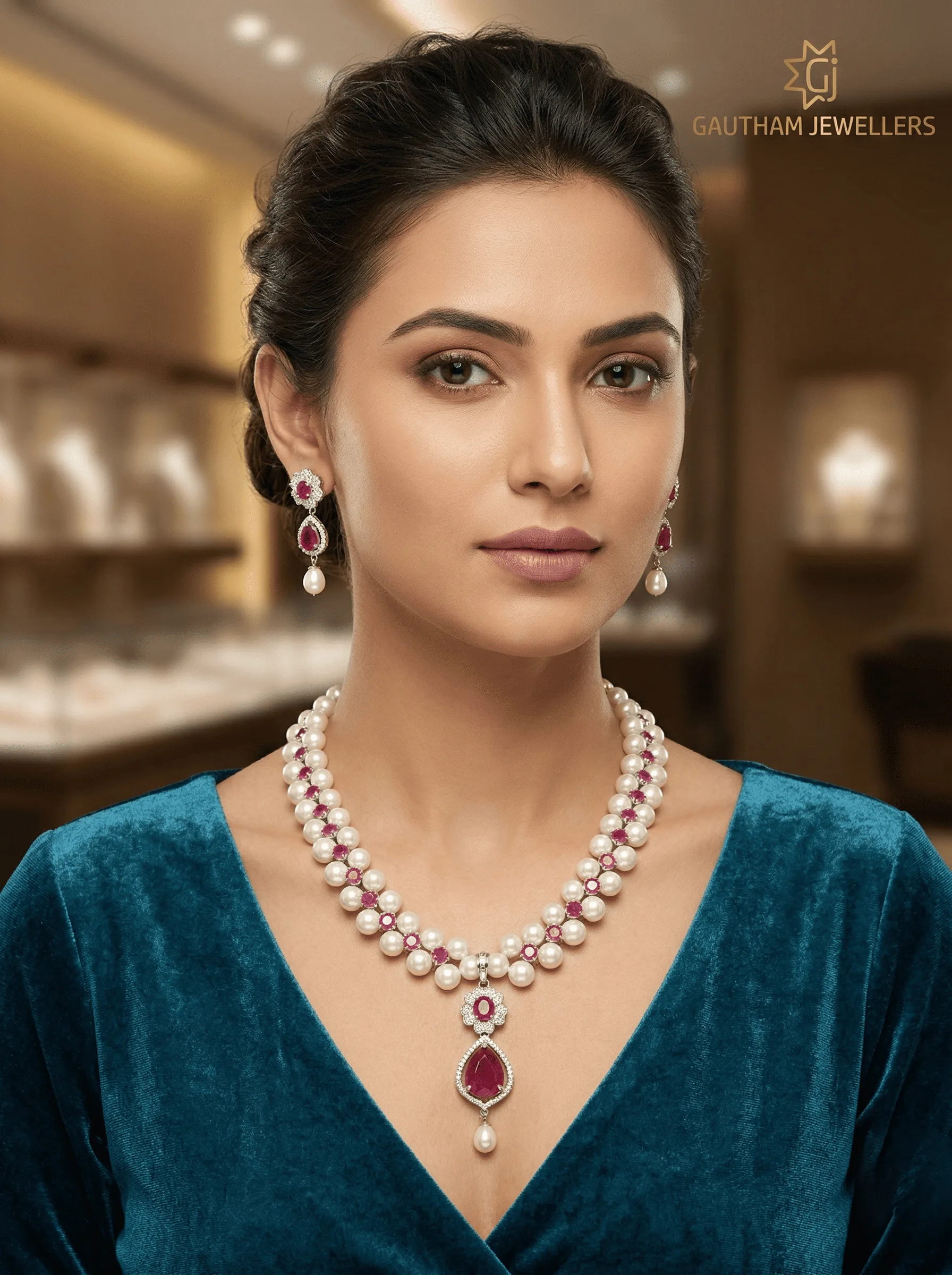 Elegant Pearl Necklace with Pink Pendant & Matching Earrings Set for Women