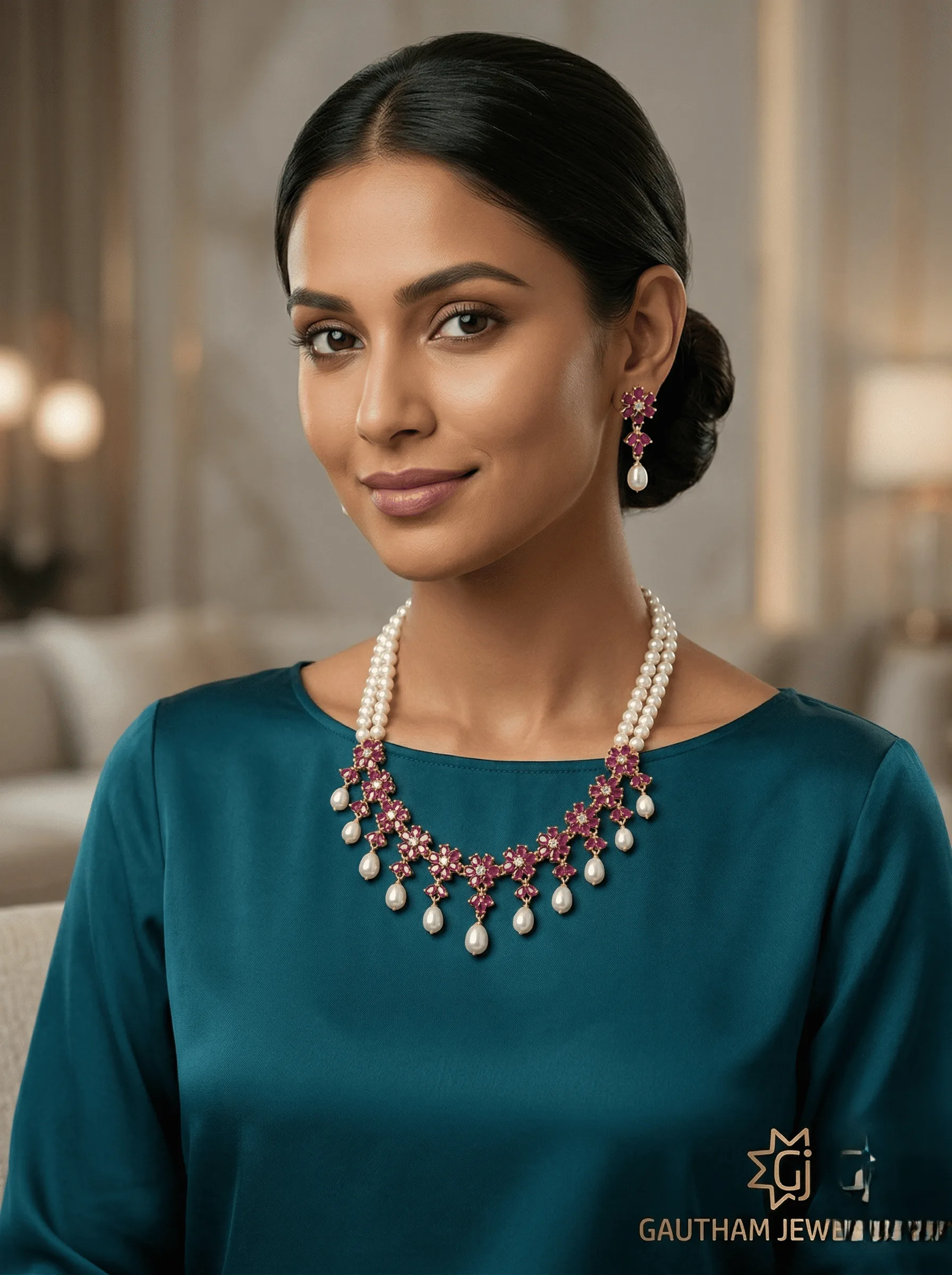Elegant Ruby Floral Pearl Necklace Set with Pearl Drops & Earrings
