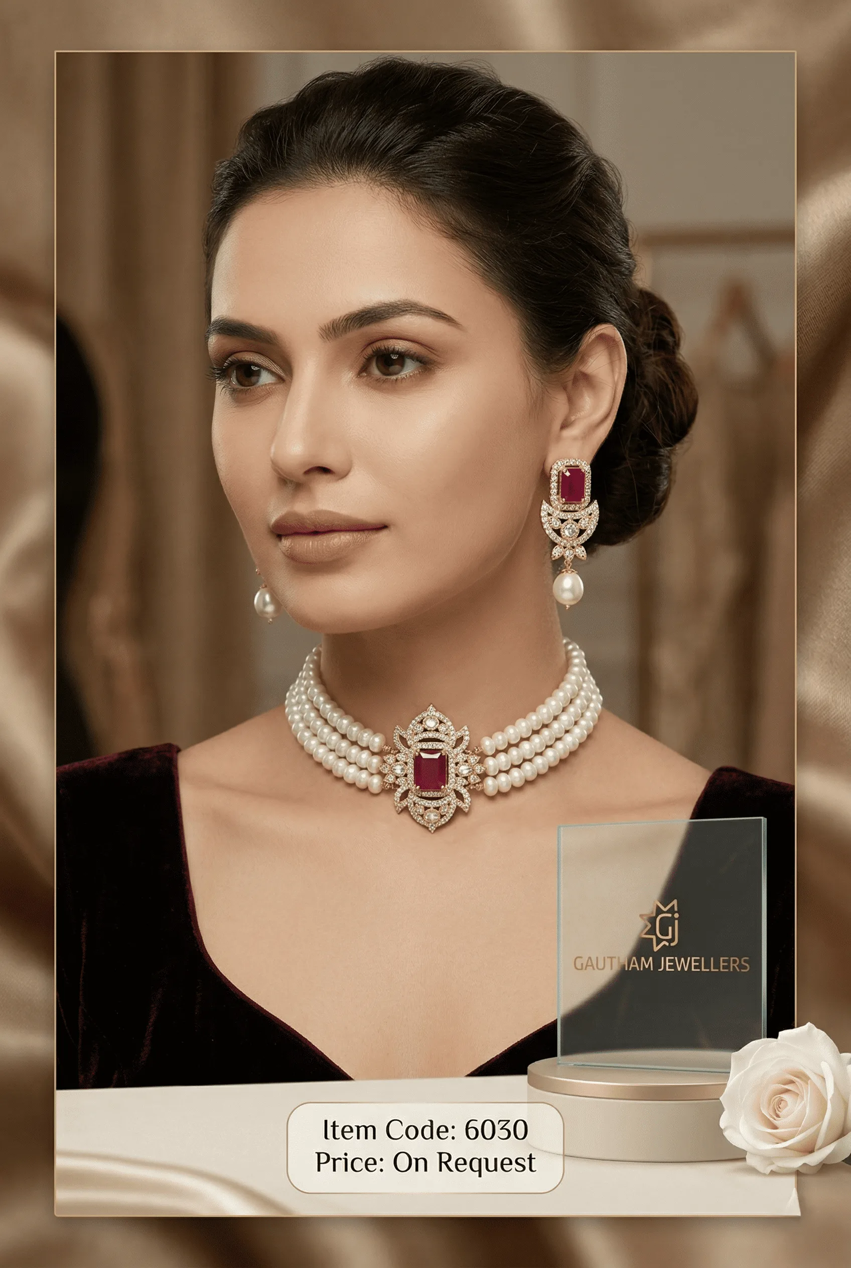 Designer Multi-Layer Pearl Necklace Set with Ruby Stone Pendant & Earrings