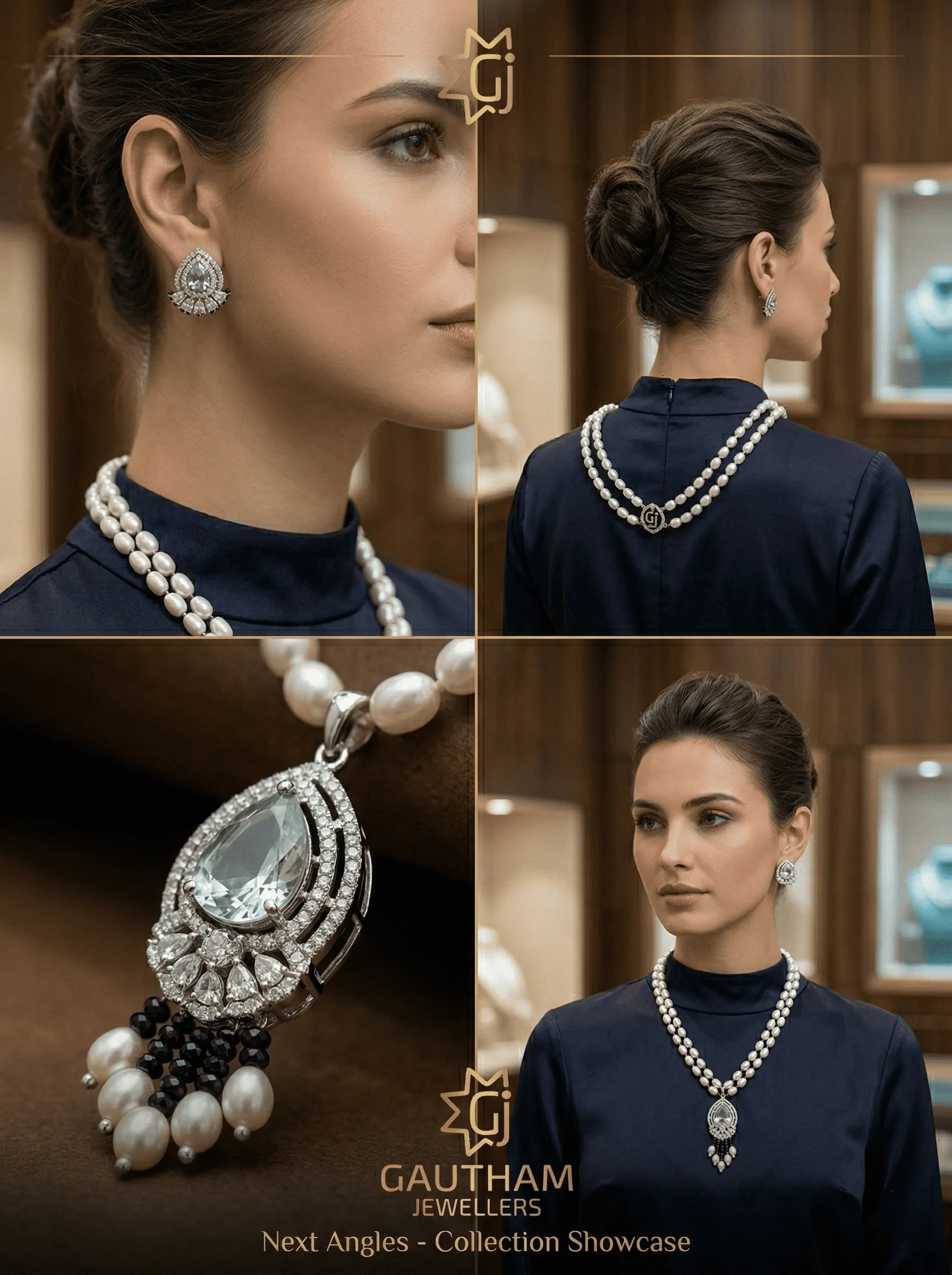 Designer Pearl Necklace Set with Statement Crystal Pendant & Earrings