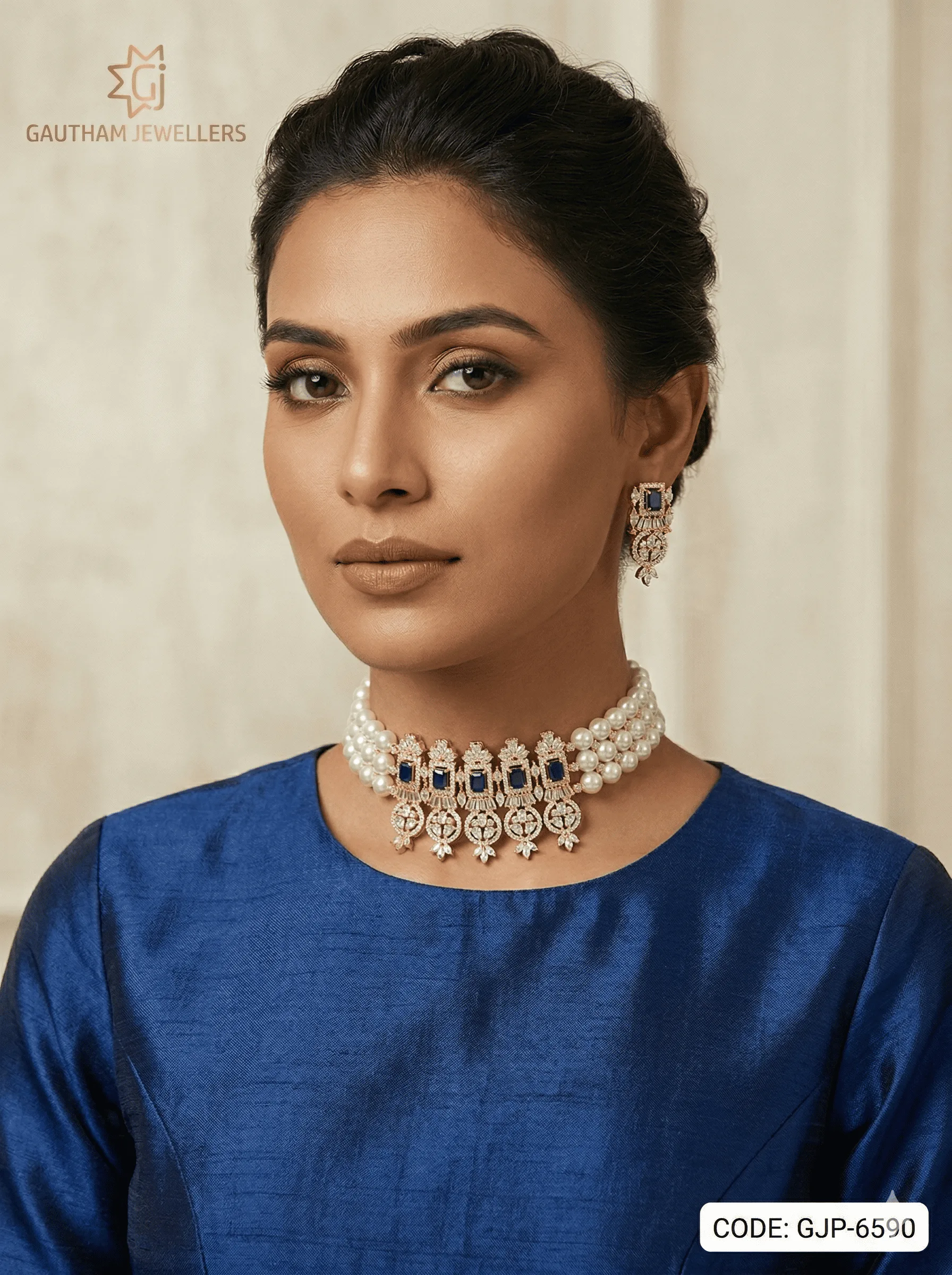 Elegant Pearl Choker Necklace Set with Blue Sapphire Stones & Designer Drops