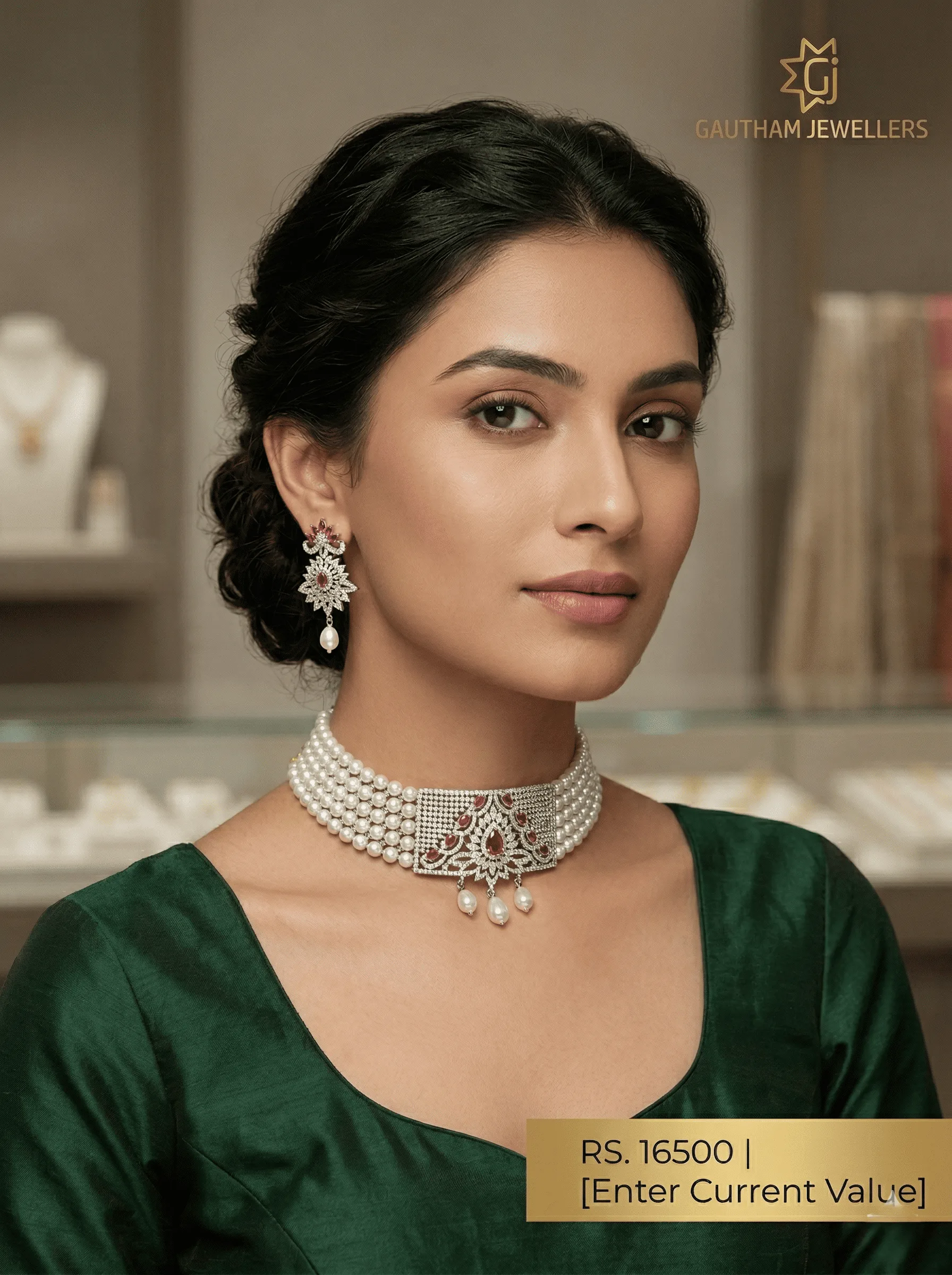 Luxury Pearl Choker Necklace Set with Ruby Stone Detailing & Drop Pearls