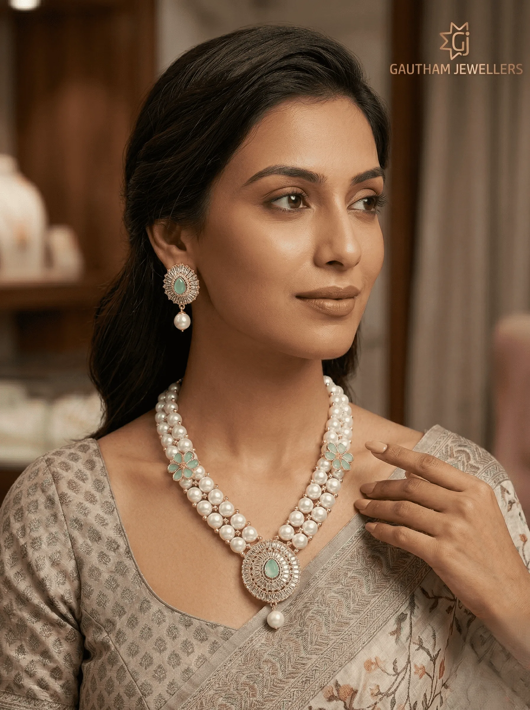 Elegant Pearl Necklace Set with Mint Stone Pendant & Floral Design thumbnail 1